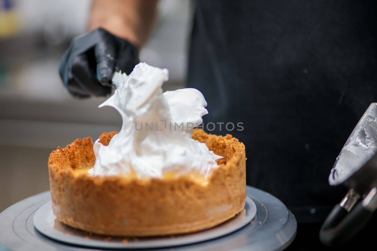 catering chef preparing key lime pie in pro kitchen