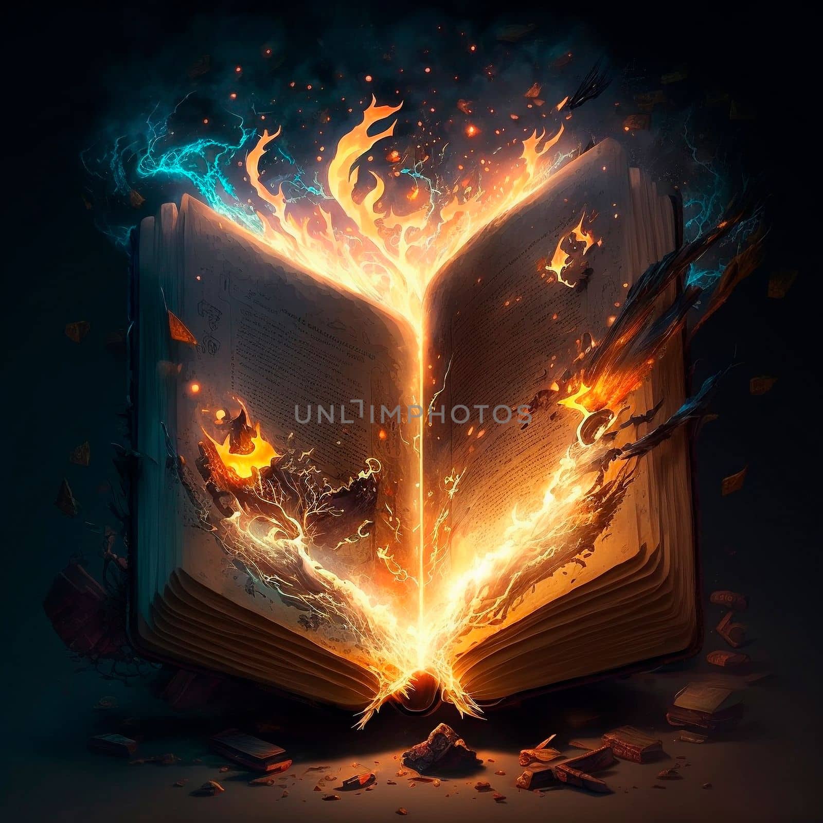 A magical book engulfed in flames and lightning. High quality illustration