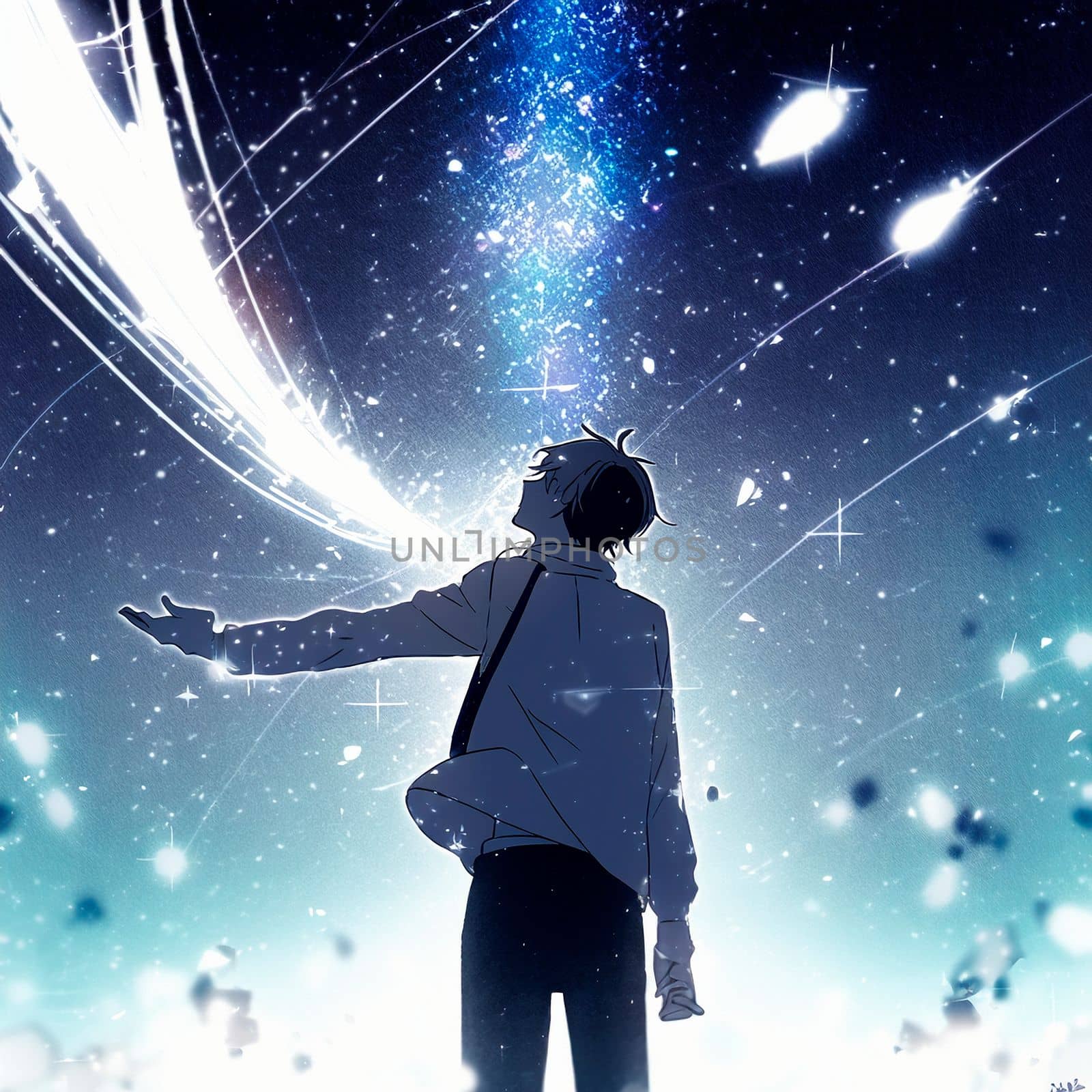 A man under the starry sky in the anime style. High quality illustration