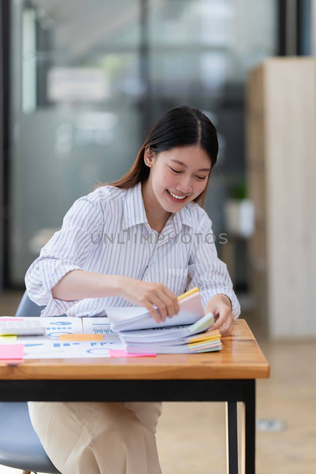 Business Documents, Auditor businesswoman searching document legal prepare paperwork and report for analysis TAX time, accountant Documents data contract partner deal in workplace.