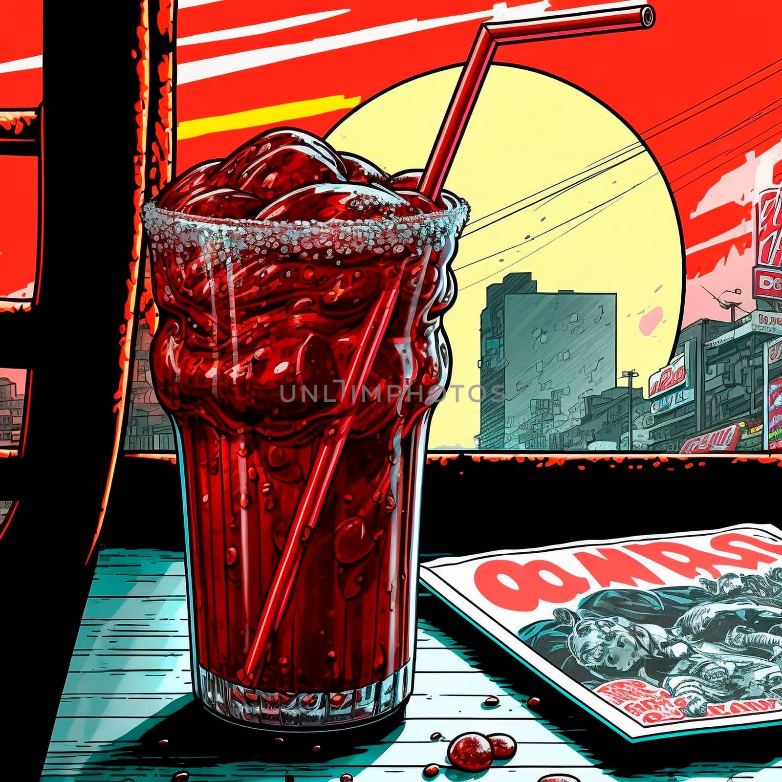 An image of a glass of cola on the table in an old diner. Comic style by NeuroSky