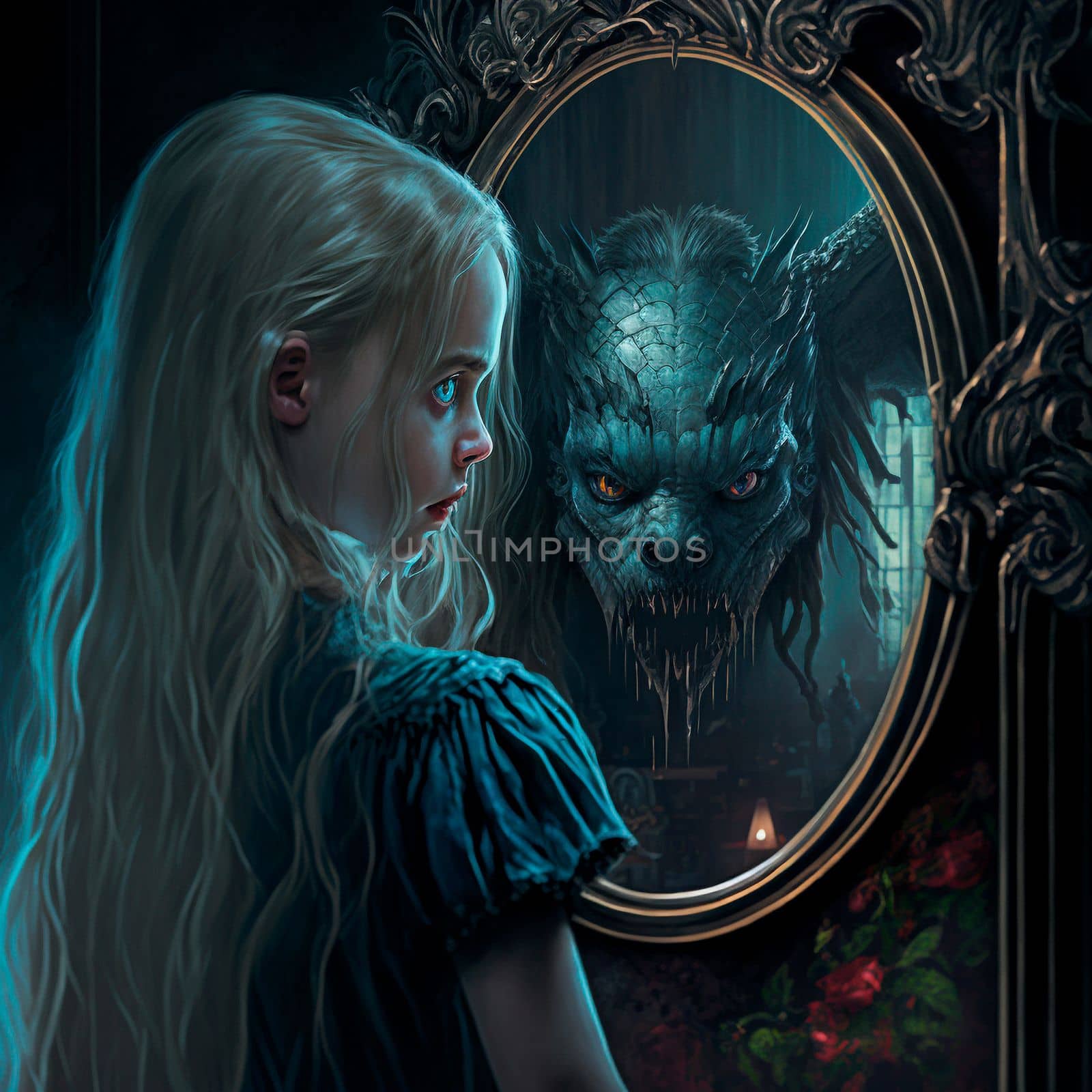 he girl sees a monster in the mirror instead of her reflection. High quality illustration