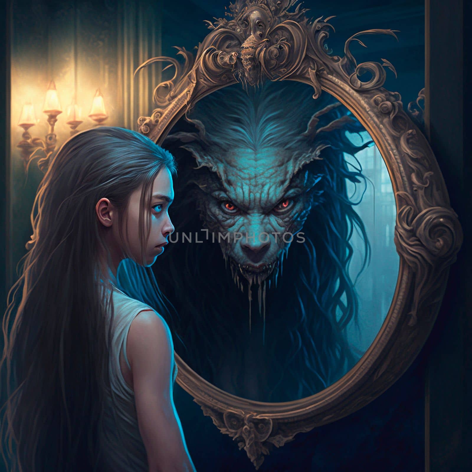 he girl sees a monster in the mirror instead of her reflection. High quality illustration