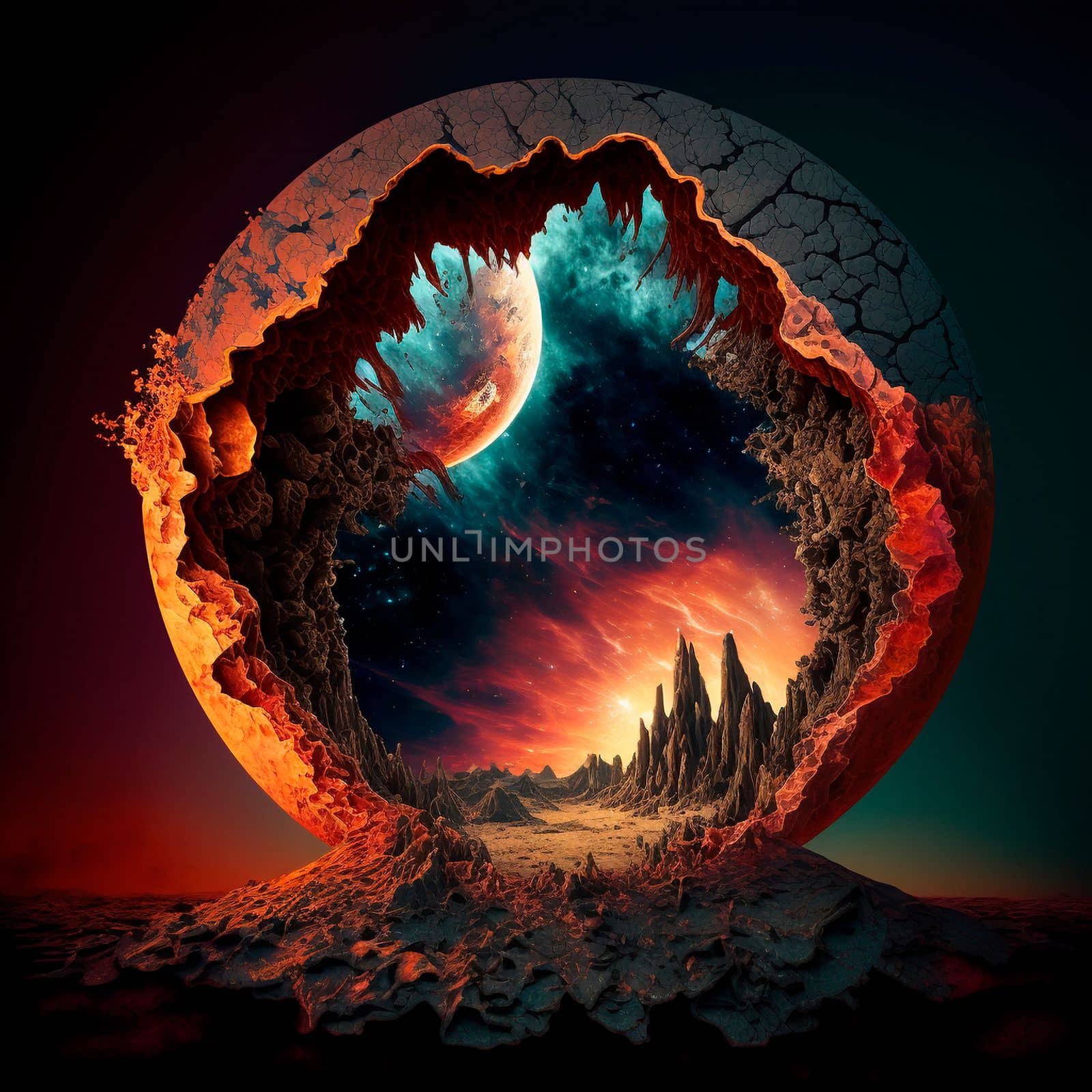 Red mountains, flashes and cracks on the surface. Gloomy sky. Magma and lava spread over the mountains. Lava world collection. High quality illustration
