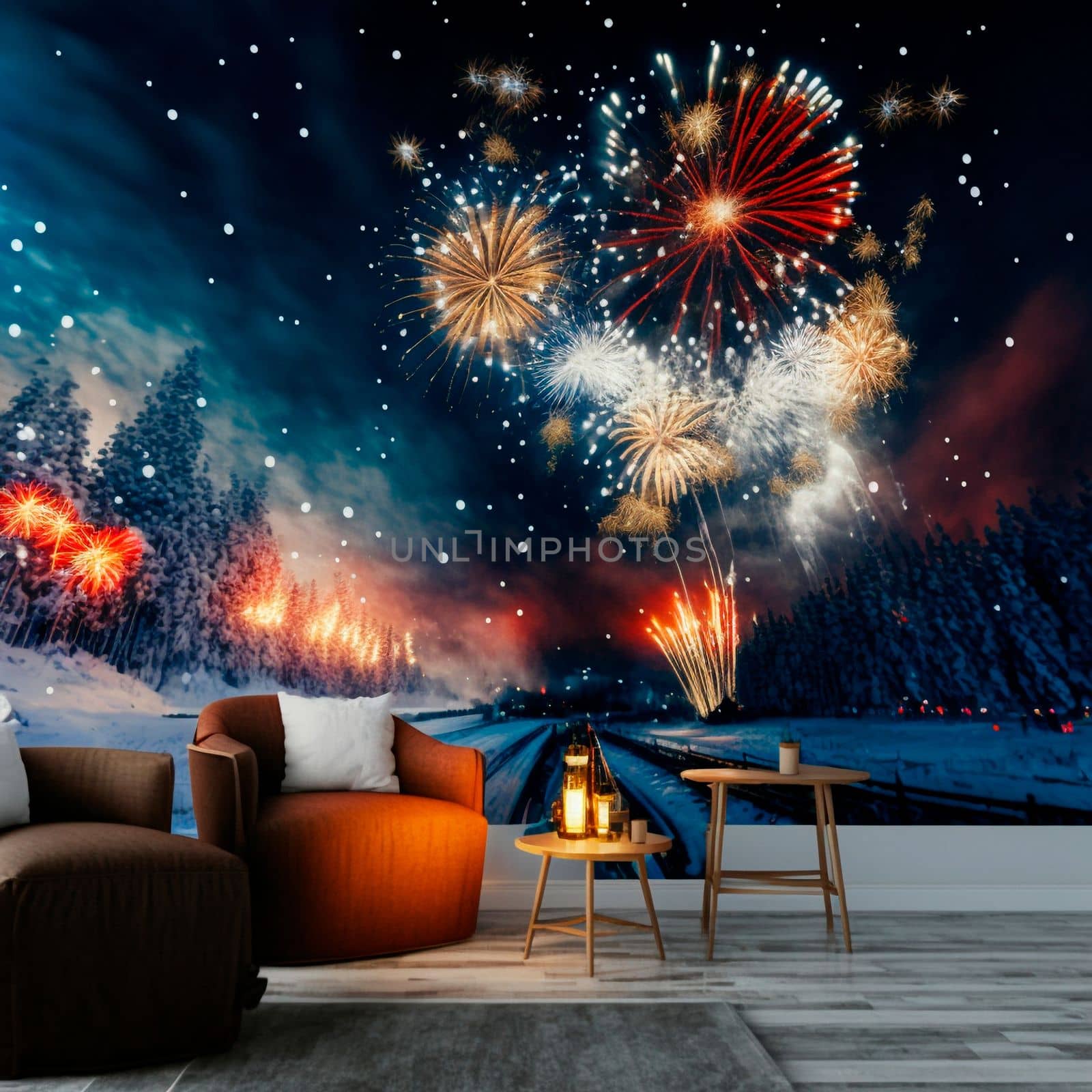 Bedroom with wallpaper depicting the night sky in fireworks. High quality illustration