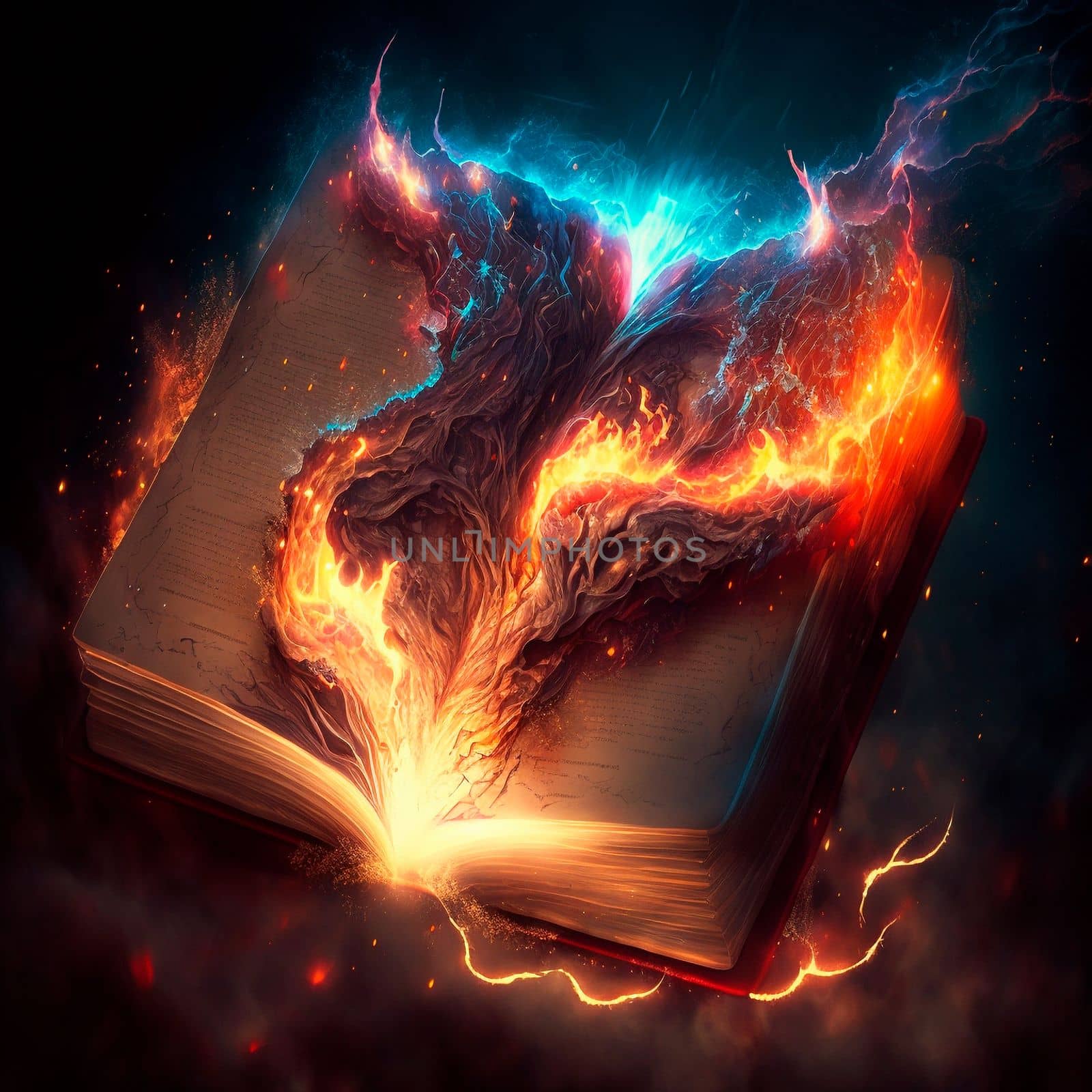 A magical book engulfed in flames and lightning by NeuroSky