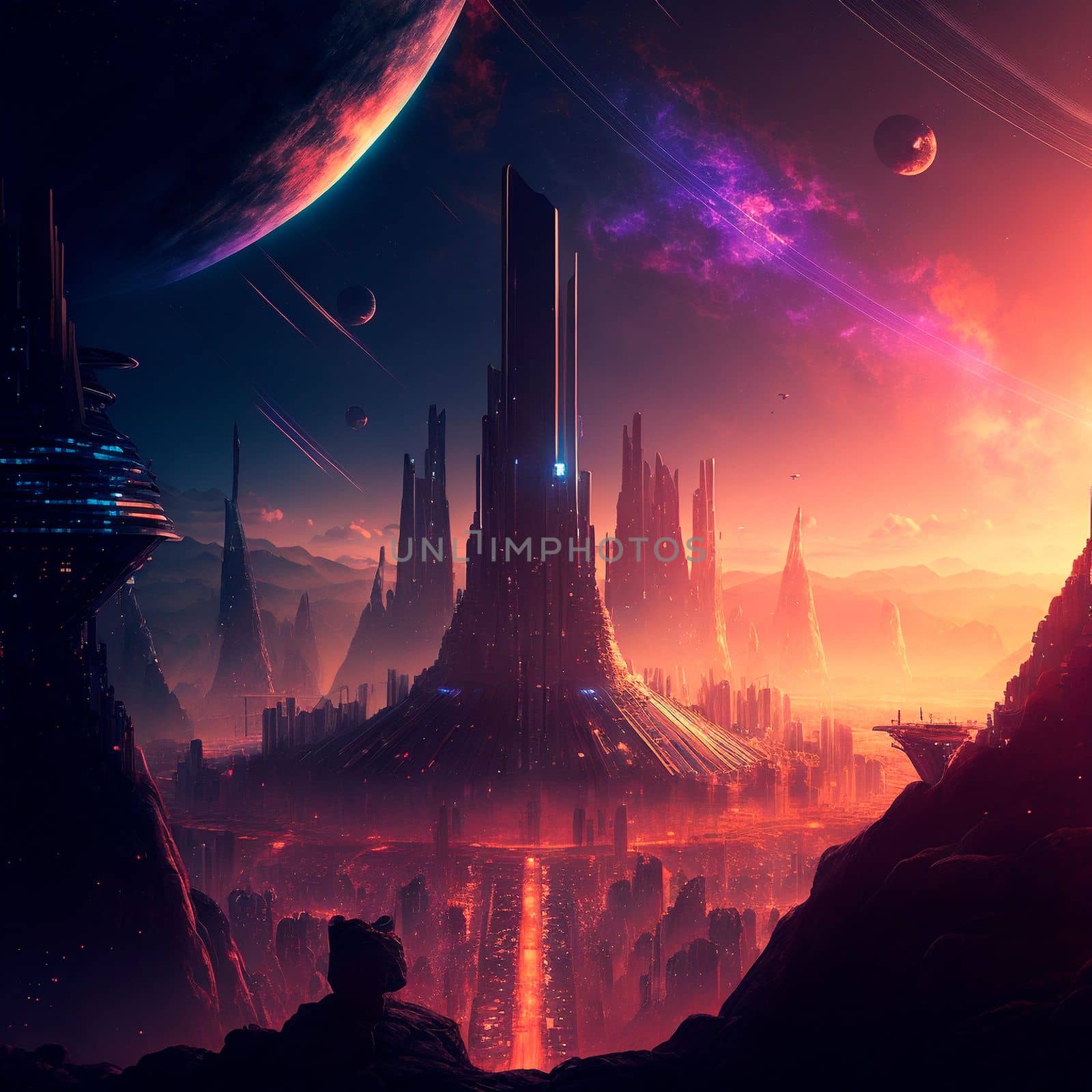 Futuristic city of the future on a distant planet . High quality illustration