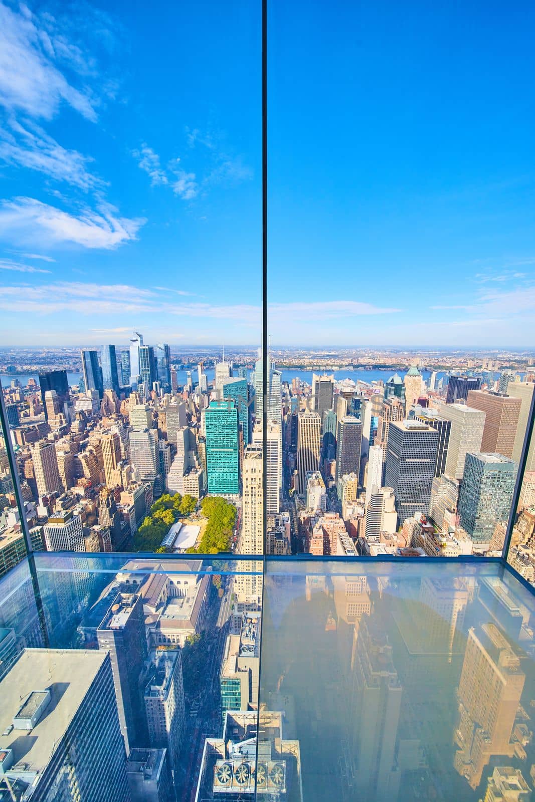 Image of Overlooking Manhattan from glass floor room in New York City Summit One