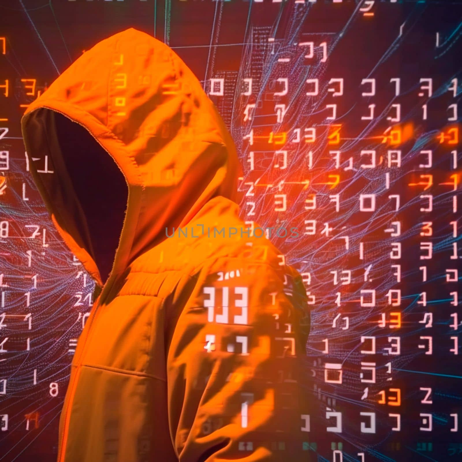 Hacker in an orange hood. Genius of the computer world. Numbers and Matrix. High quality illustration