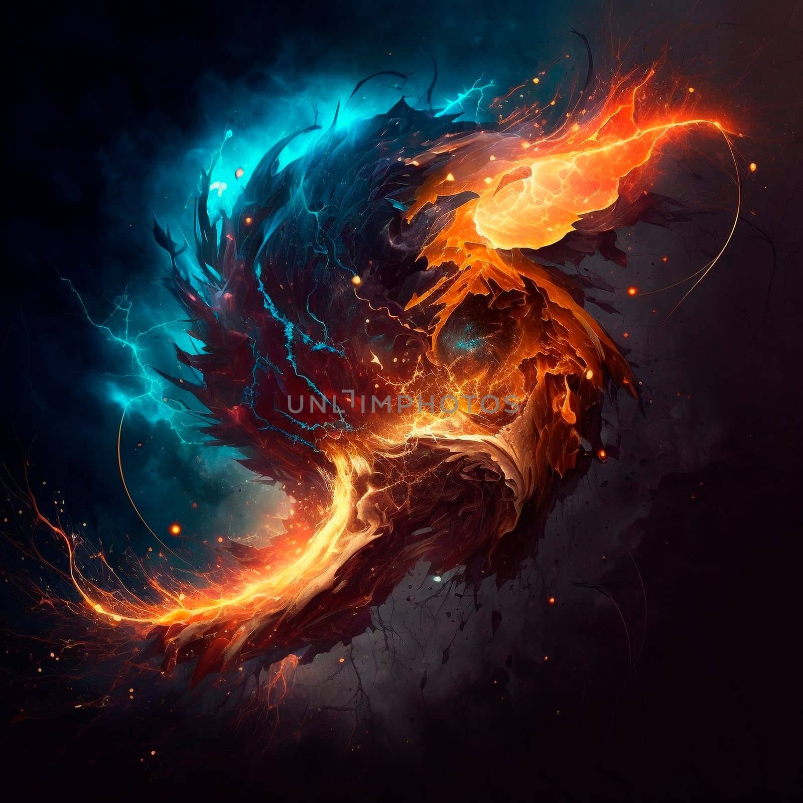 Abstract image of the energy of fire and lightning, which mix into something unified. High quality illustration