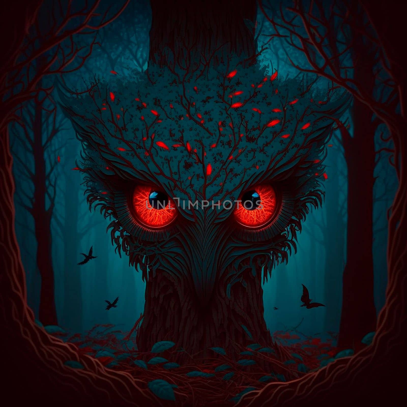 A big monster with red eyes in a mystical forest. High quality illustration