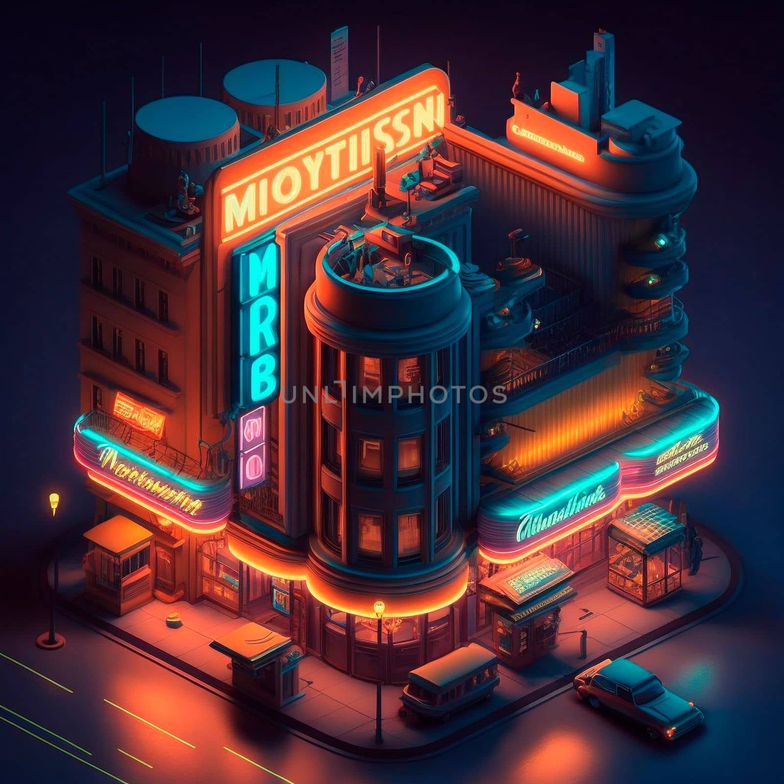 Life in the neon city at night. Bright lights, cars, cafes. Backlight, neon, isometry. High quality illustration