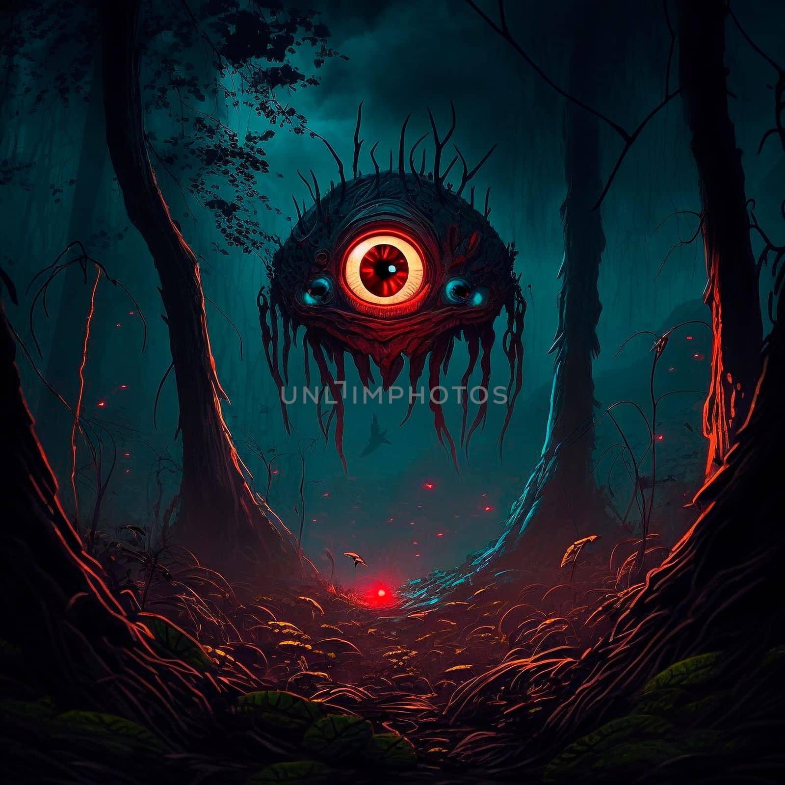 Big red eyes against the background of a gloomy mystical fores. High quality illustration