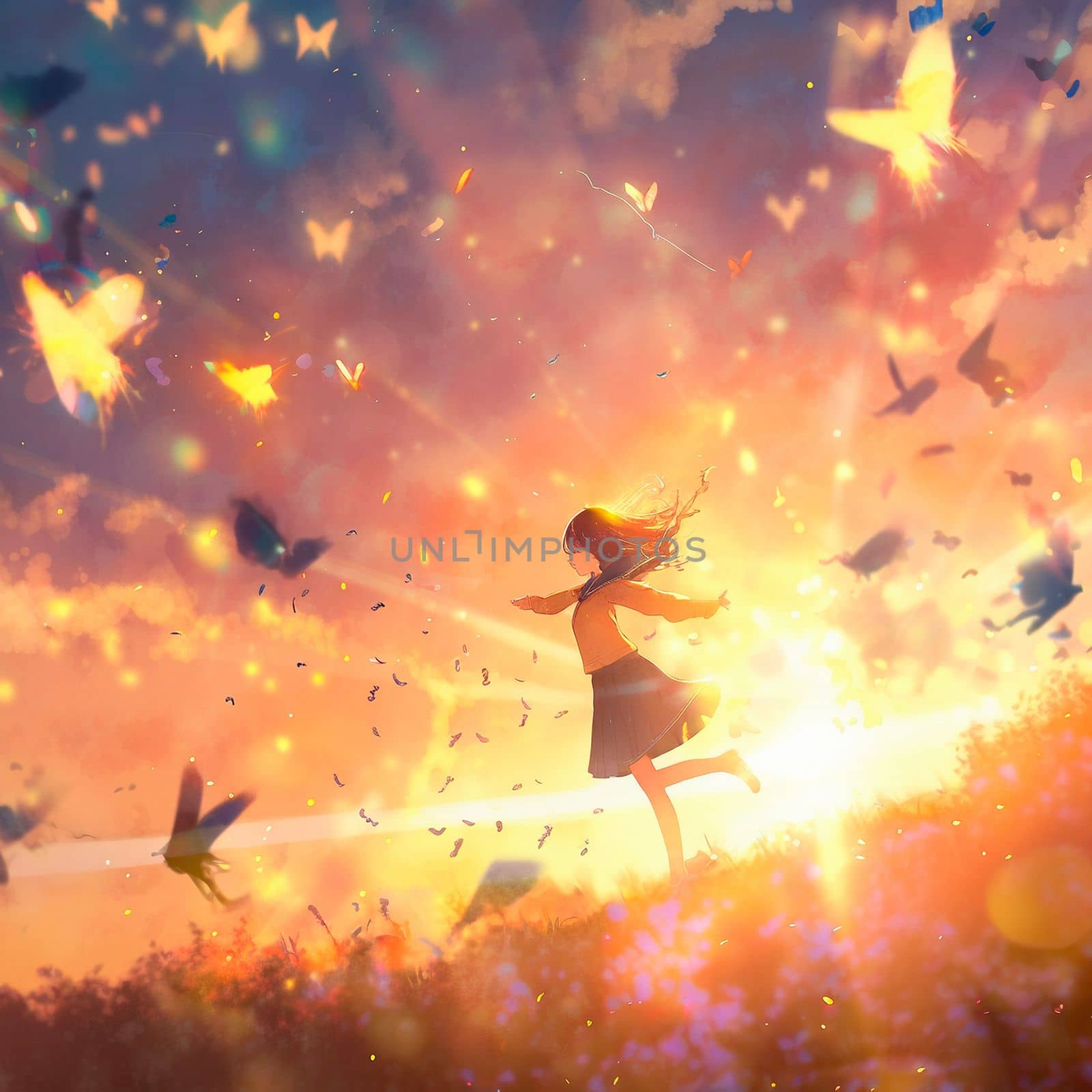 Happy girl in the rays of the sun in anime style. High quality illustration