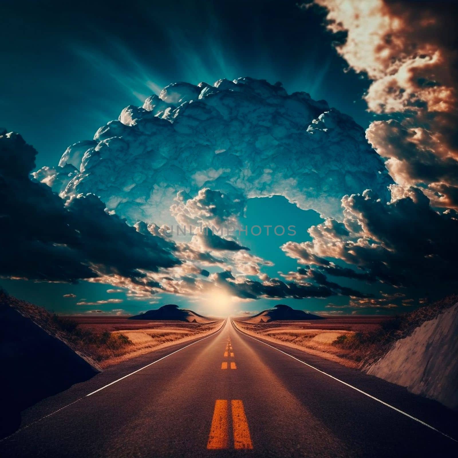 Stunningly beautiful view of the road and the sky, the road going to the sky. Symbolism of the life path. High quality illustration