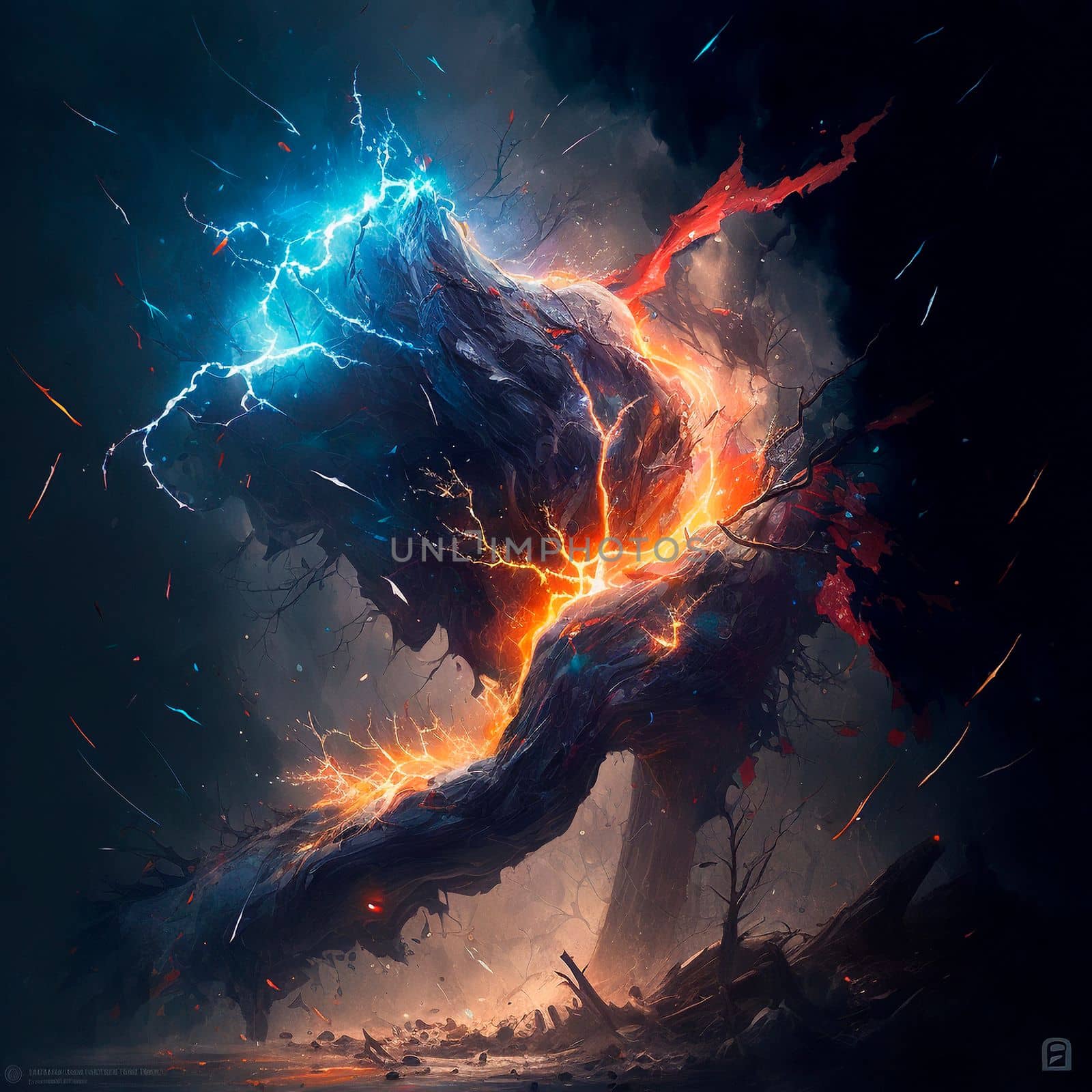 Abstract image of the energy of fire and lightning, which mix into something unified. High quality illustration