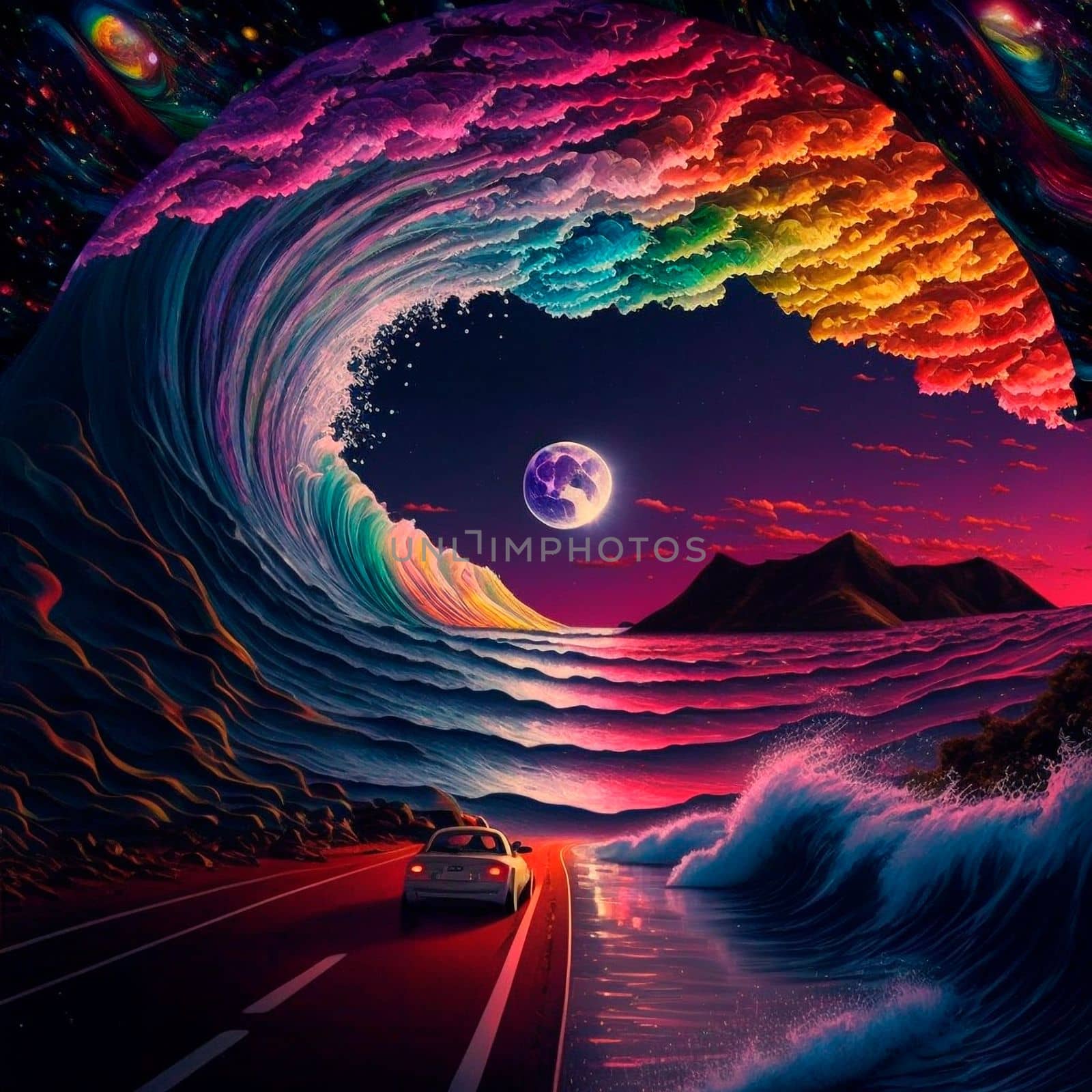 The car leaves on the road to the sea. night beach with beautiful iridescent waves of different colors. High quality illustration