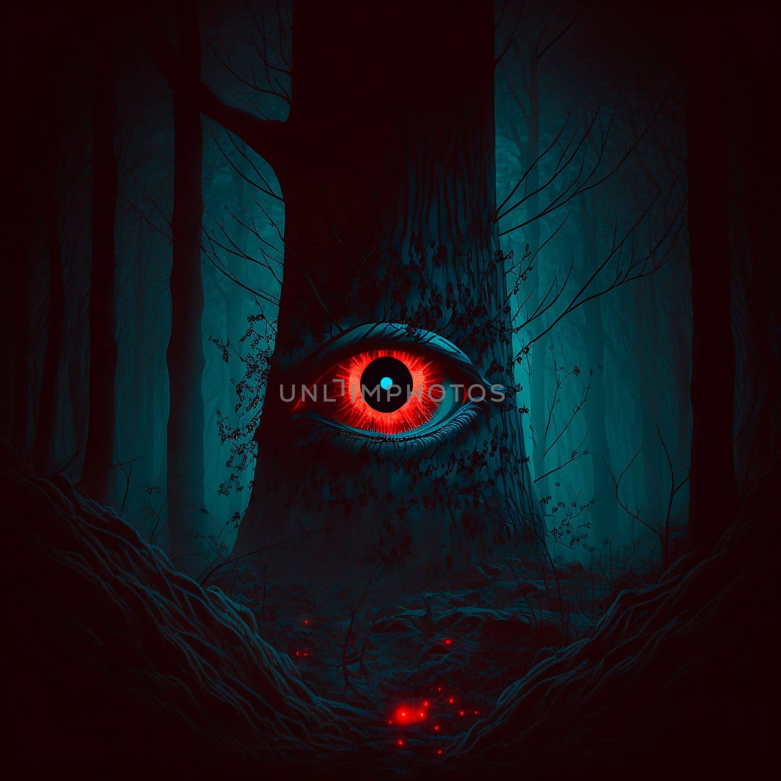 Scary tree with a red eye. High quality illustration