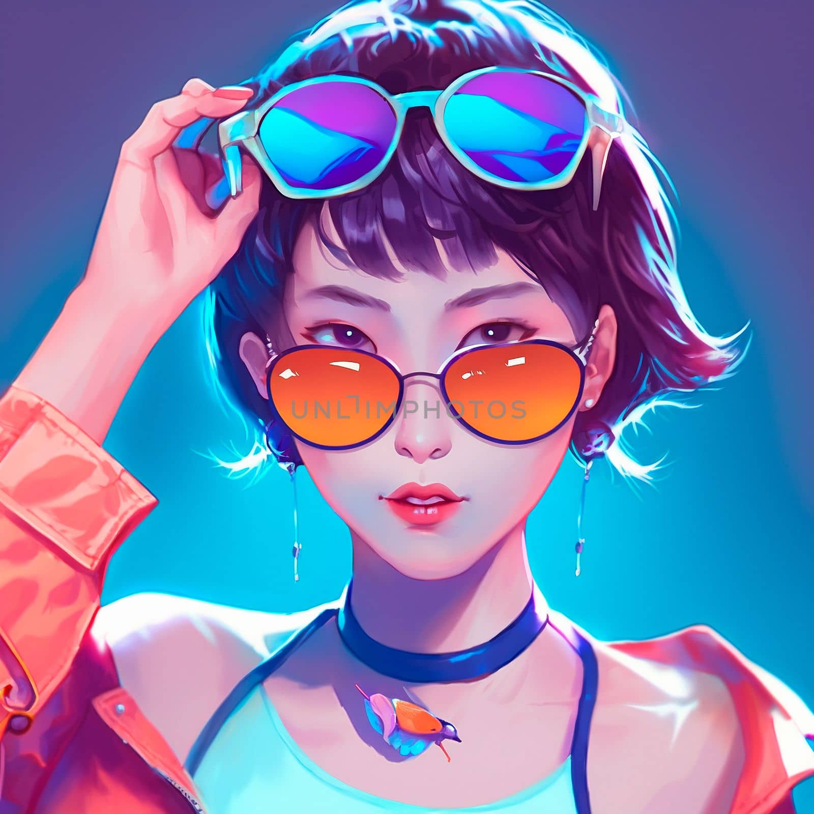 Girl with 2 pairs of sunglasses. High quality illustration