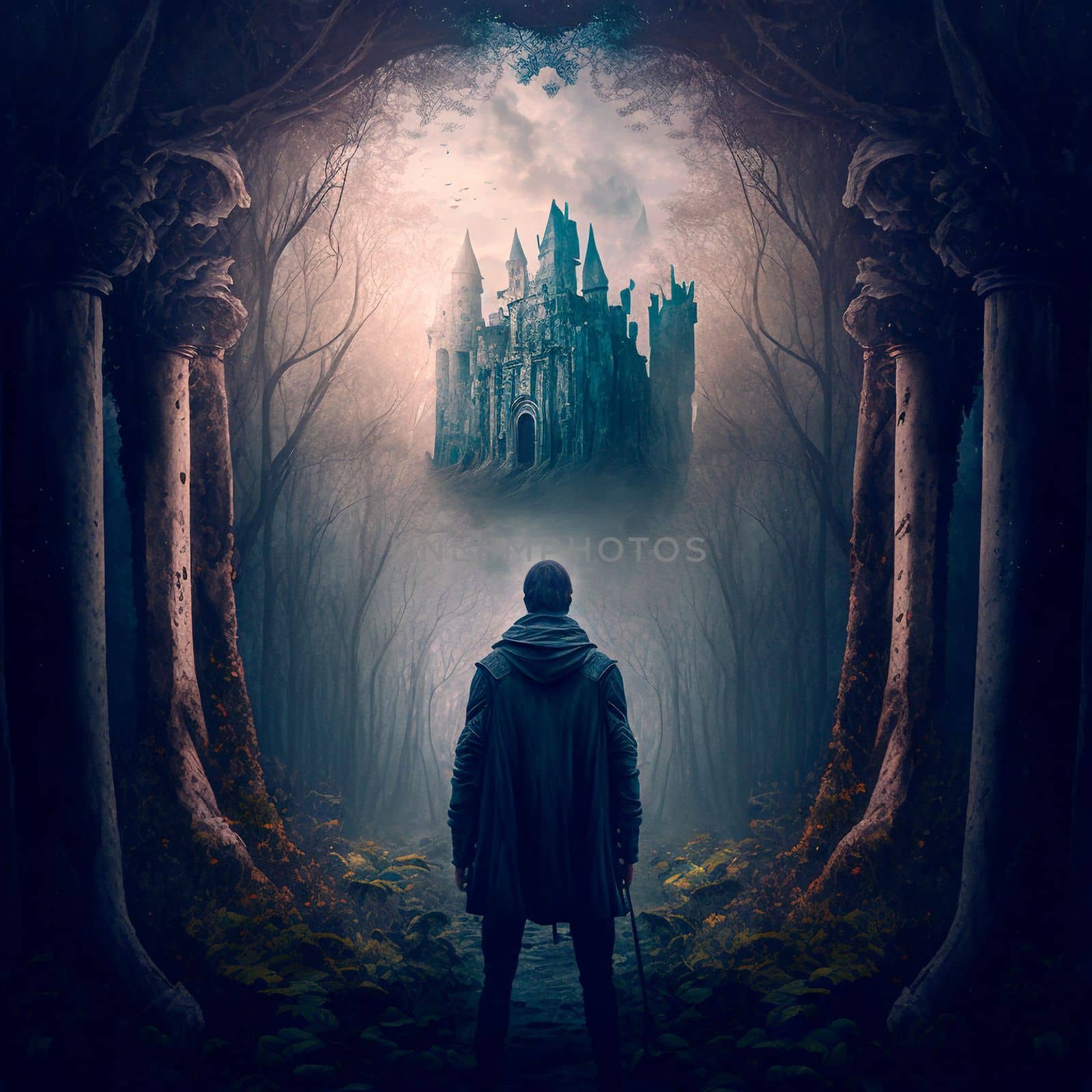 A man walks to the ruins of an ancient castle. High quality illustration