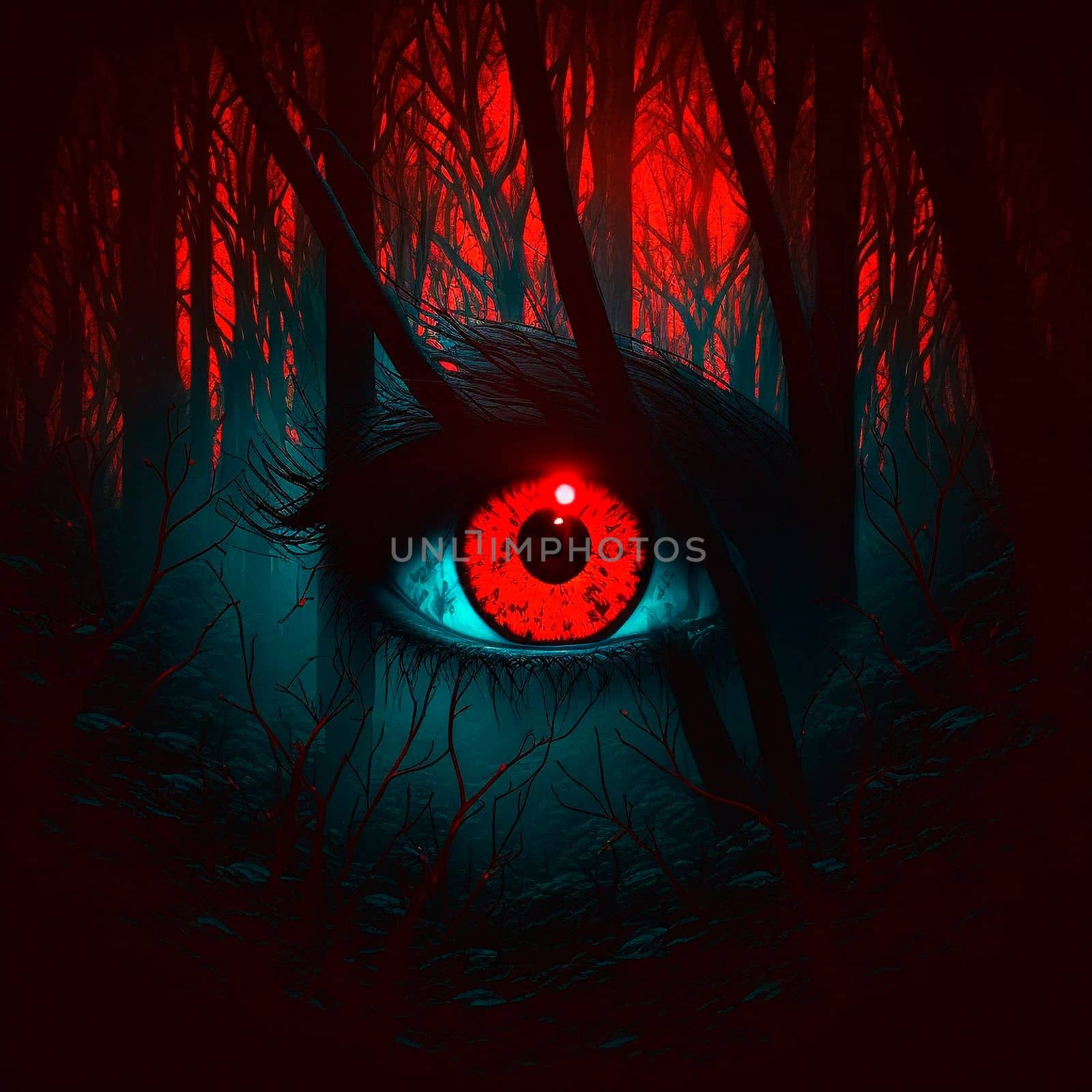 Big red eyes against the background of a gloomy mystical fores by NeuroSky