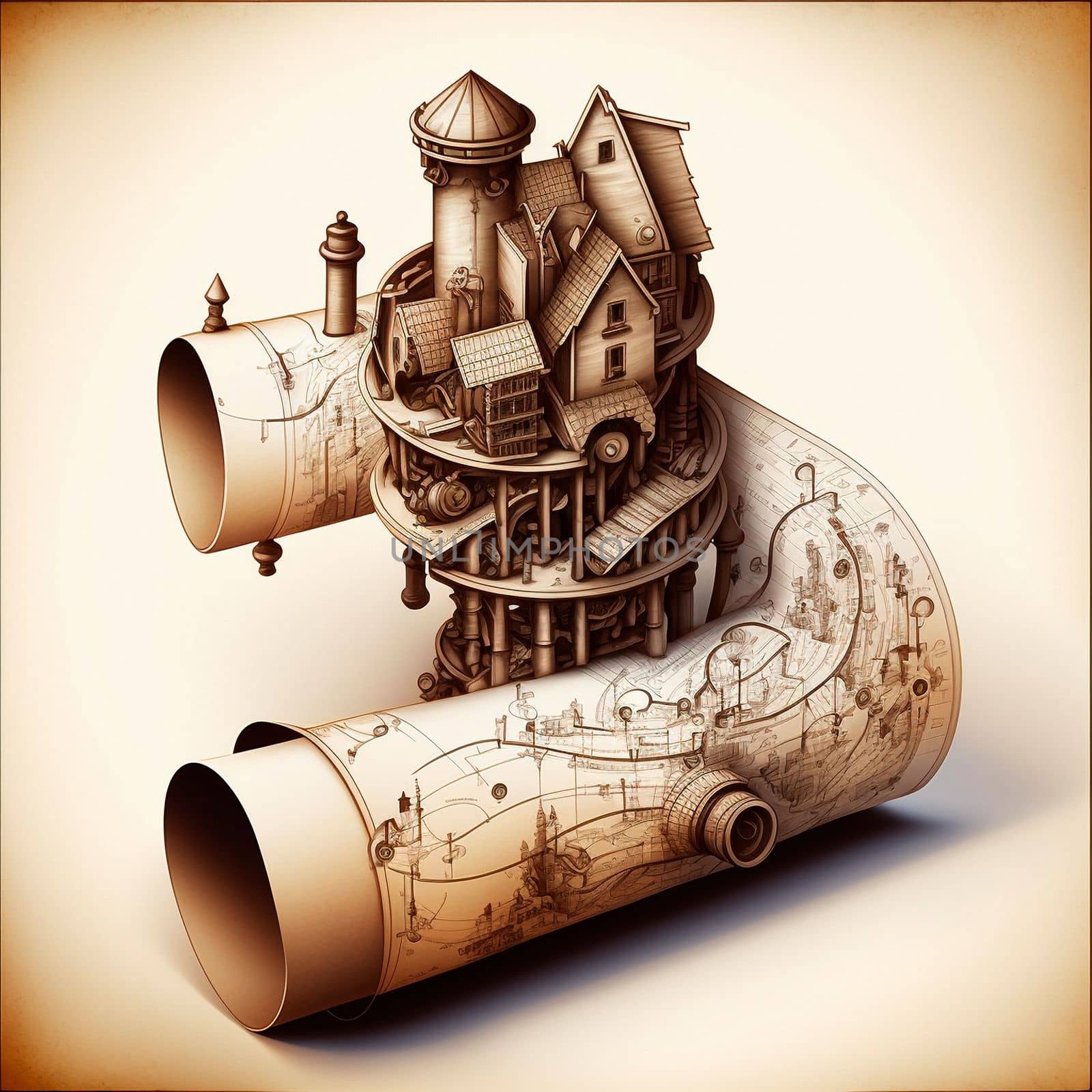 3d drawings of an unusual steampunk city, a city diagram by NeuroSky