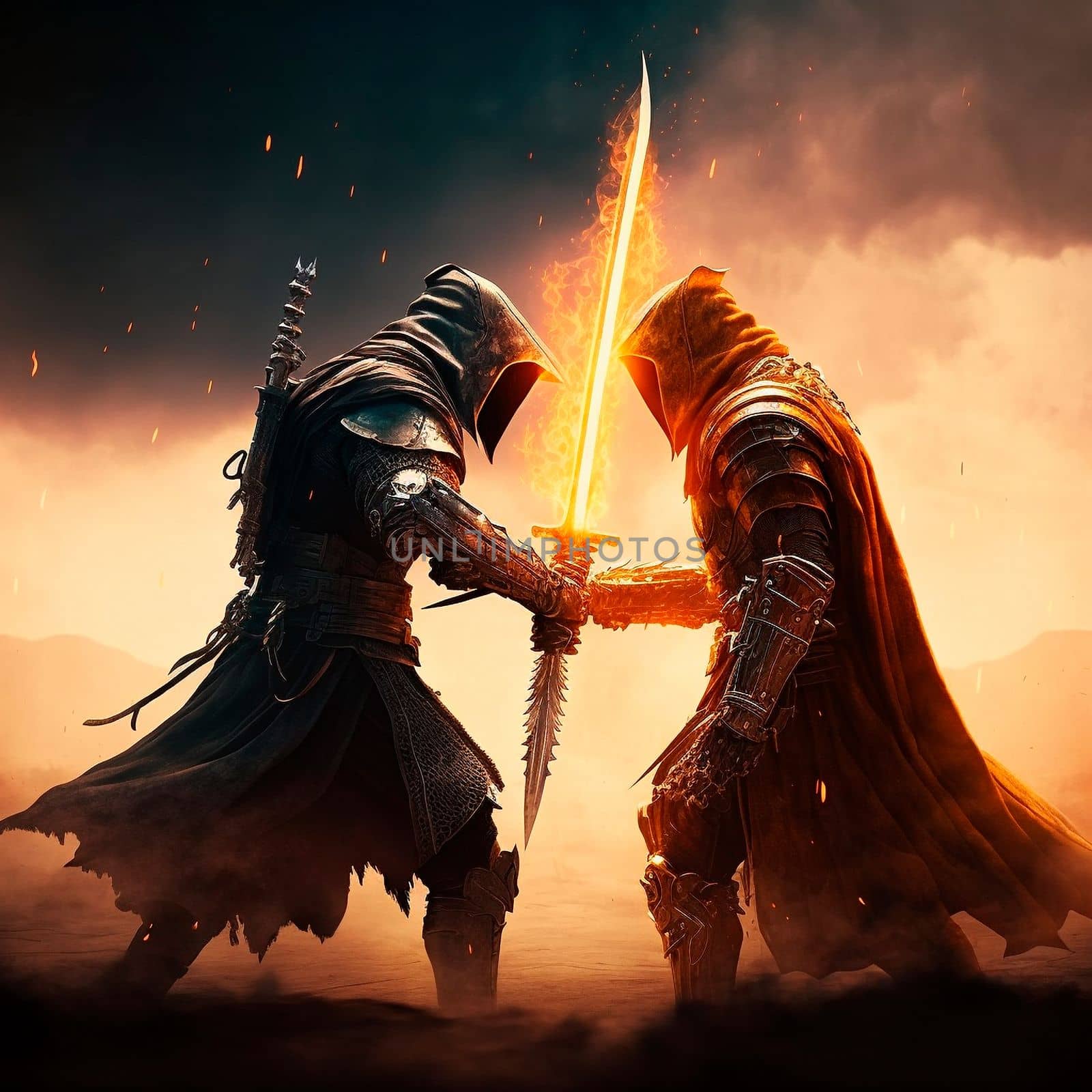 epic cinematic battle of two warriors in armor. High quality illustration