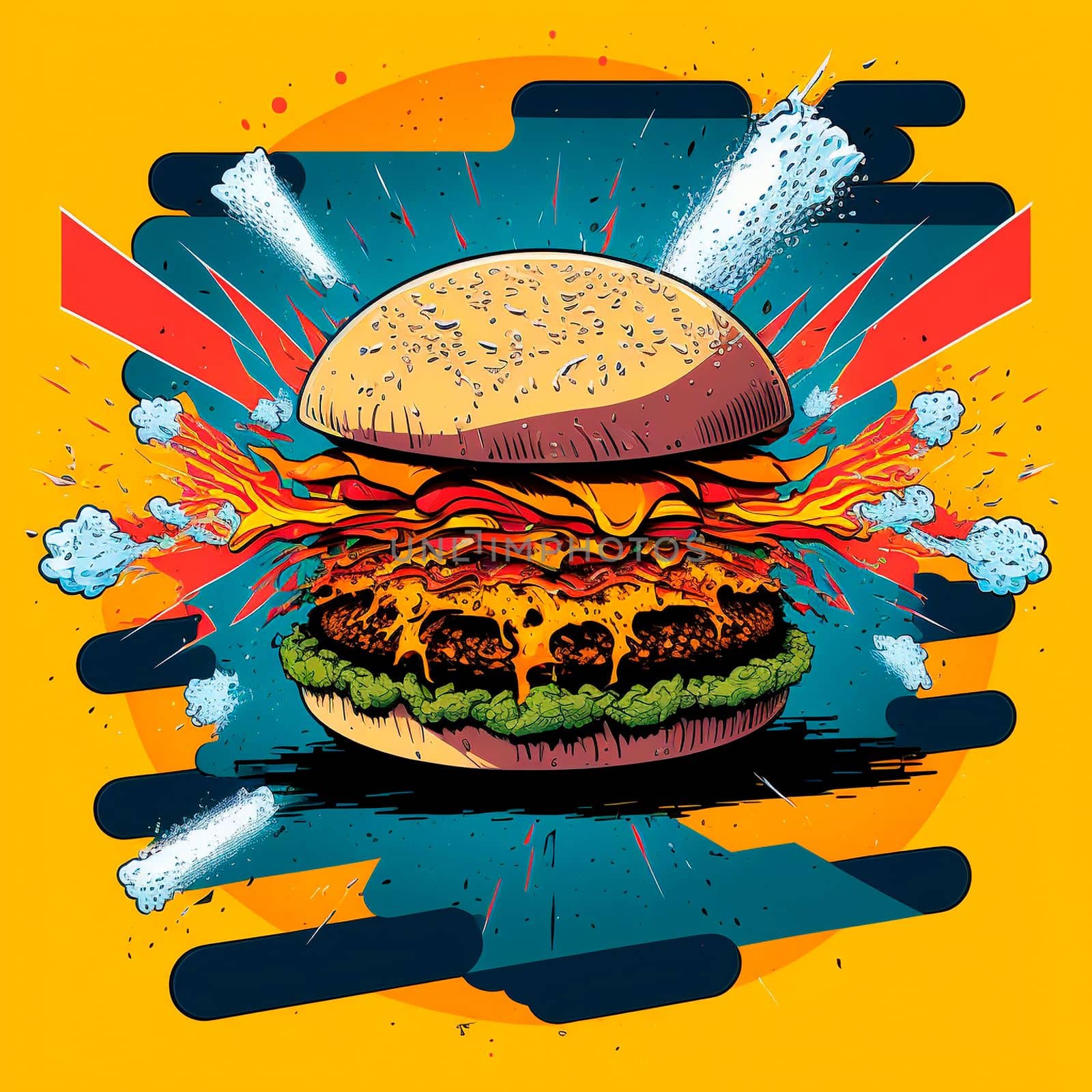 Colorful burger in thiel pop art . High quality illustration