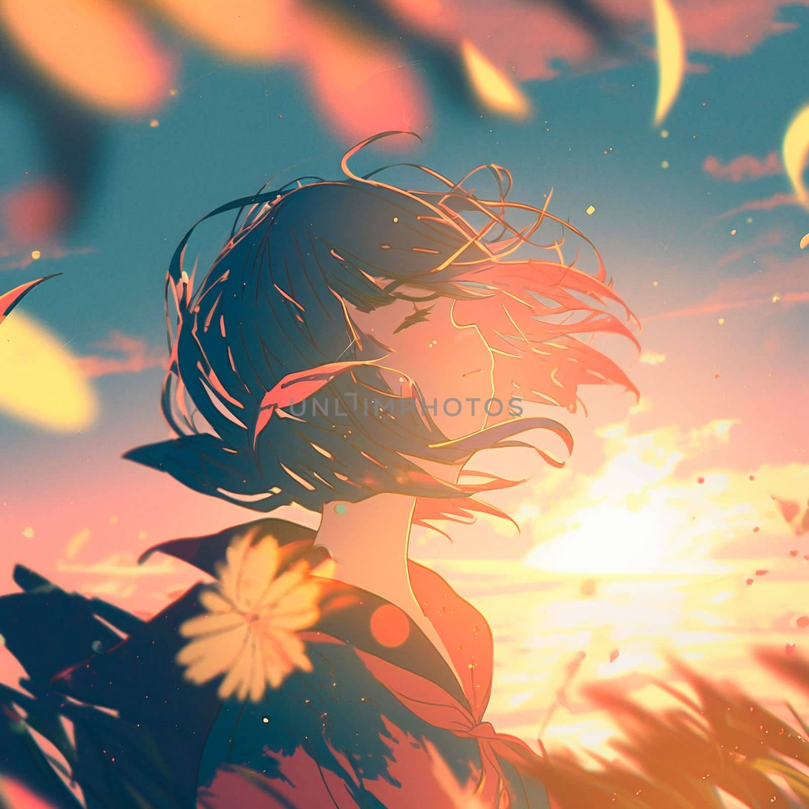 Happy girl in the rays of the sun in anime style. High quality illustration