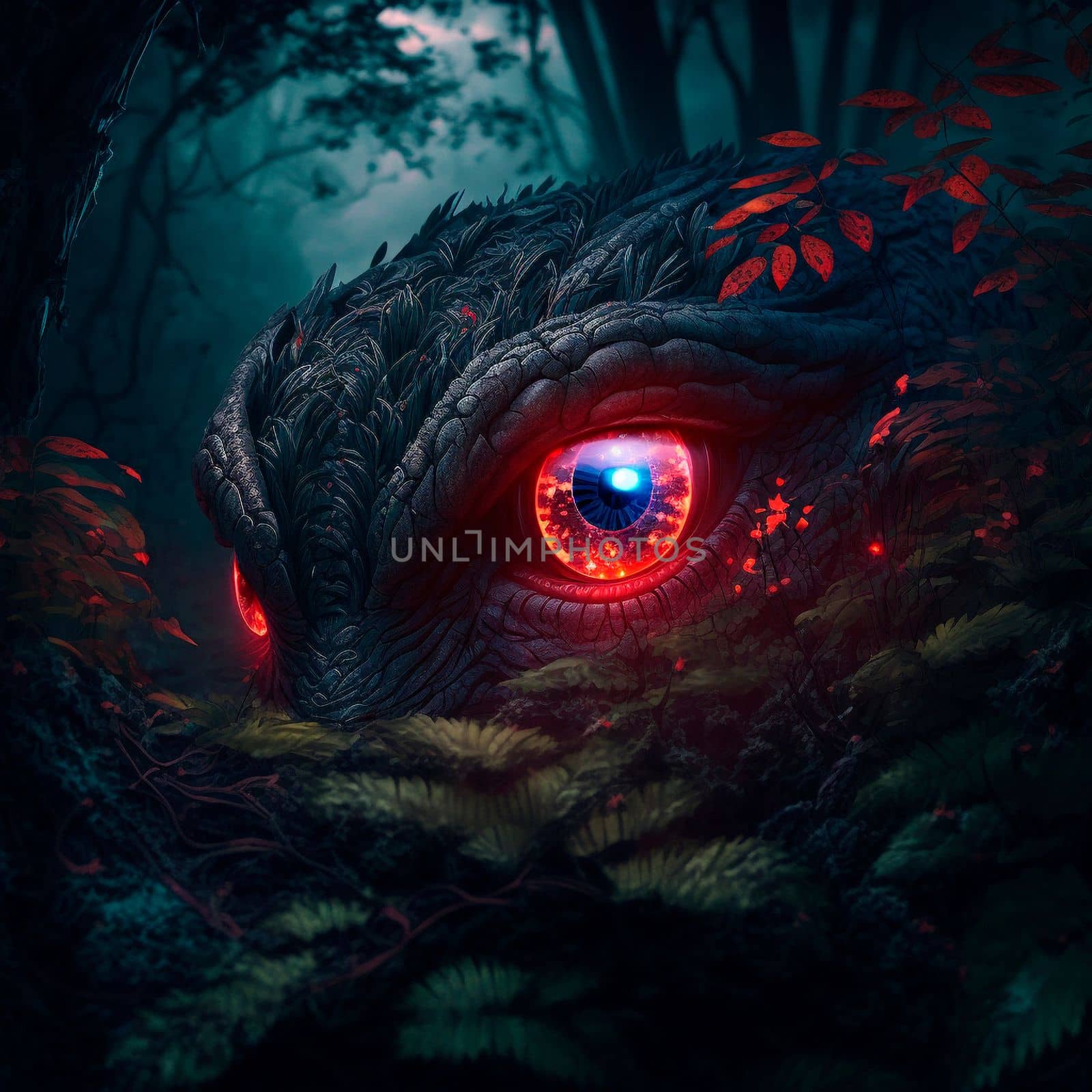 Big red eyes against the background of a gloomy mystical fores. High quality illustration