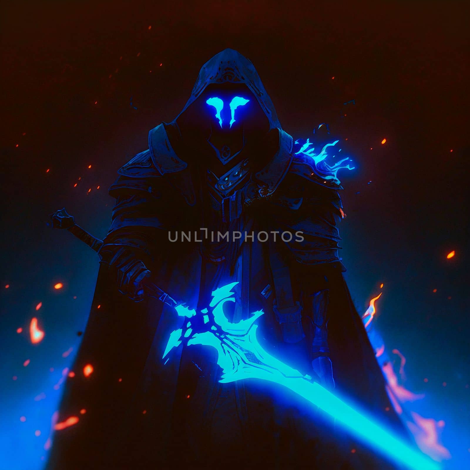 Mysterious black knight with a flaming sword in anime style. High quality illustration