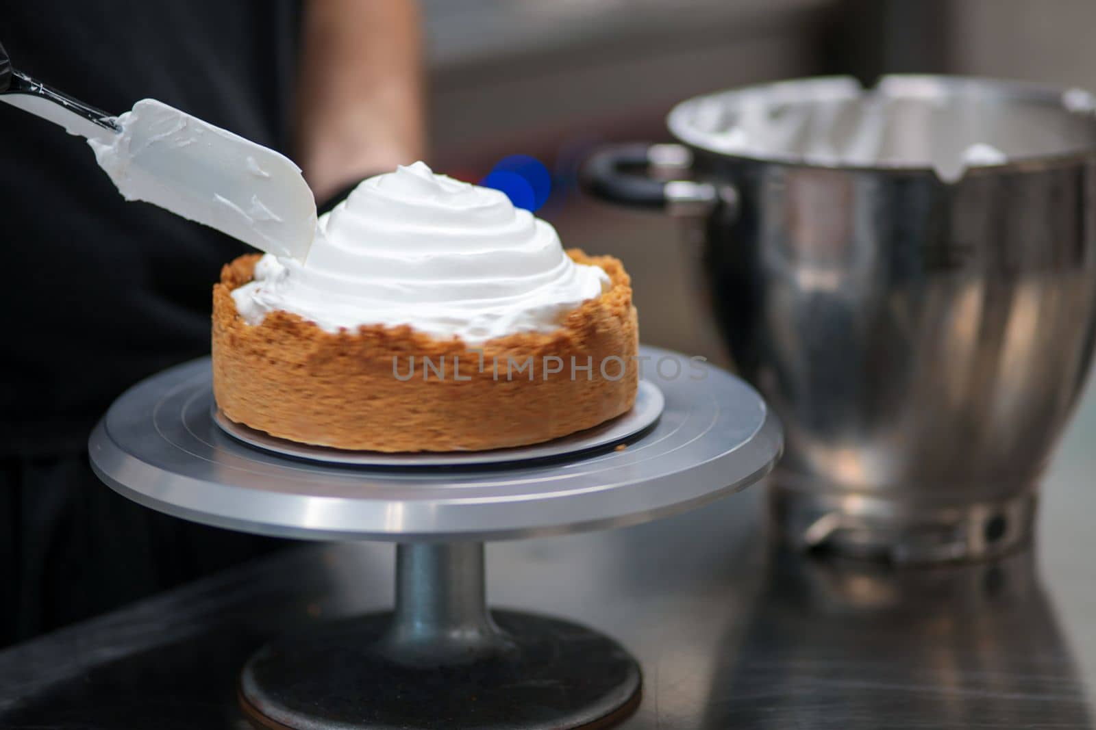 catering chef preparing key lime pie in pro kitchen