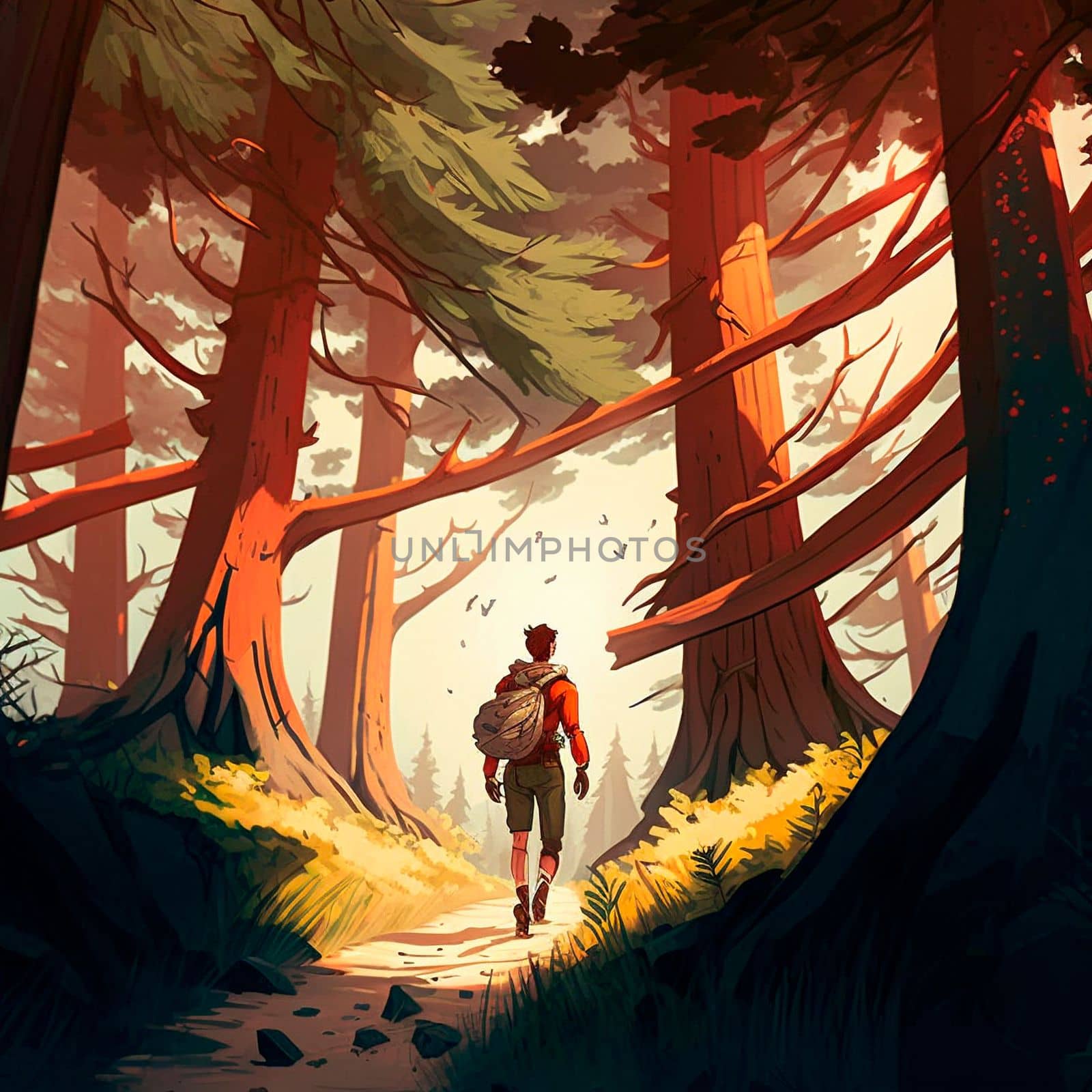 Bright, beautiful illustration of a traveler with a backpack. Tourist in the forest by NeuroSky