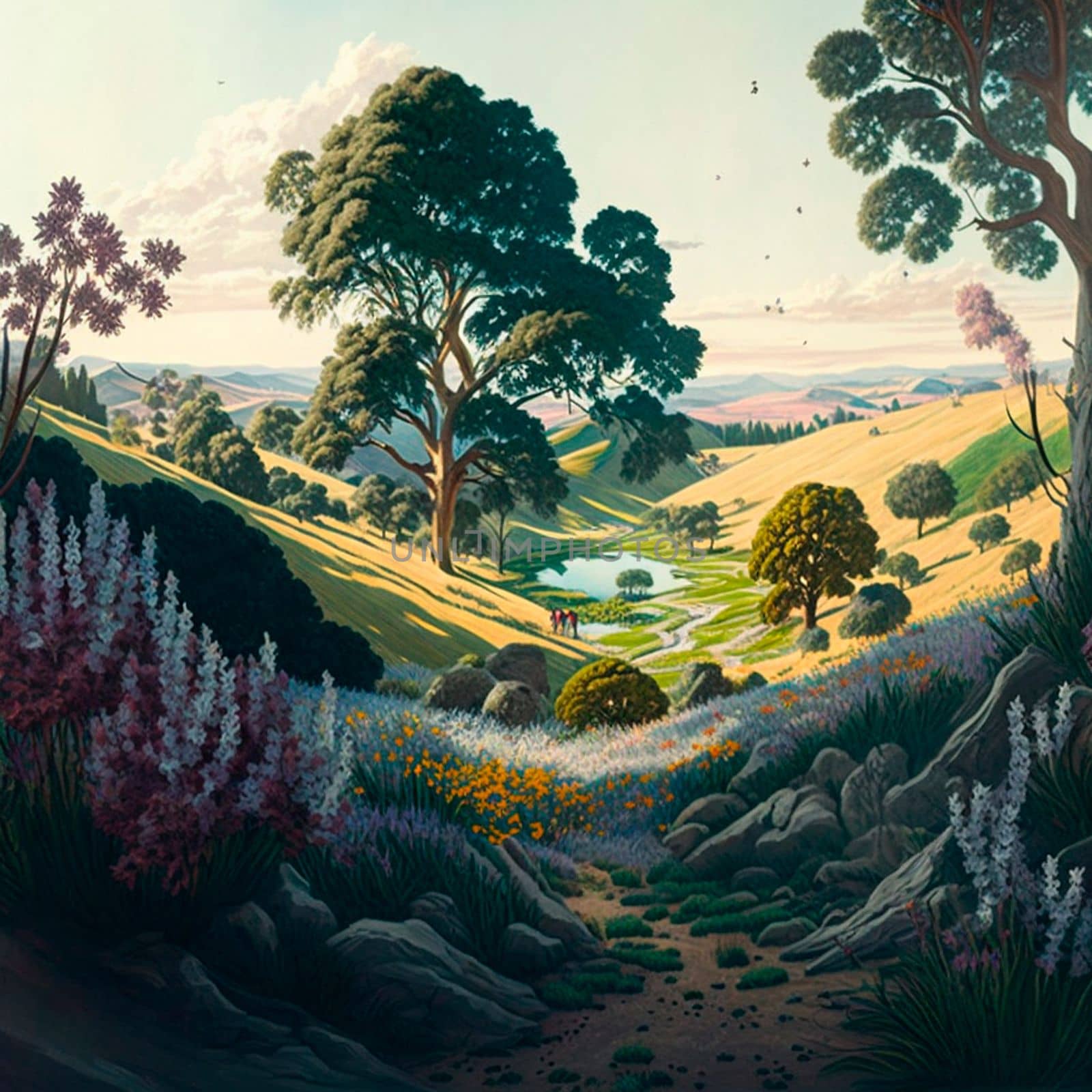 landscape of trees, fields and mountains by NeuroSky