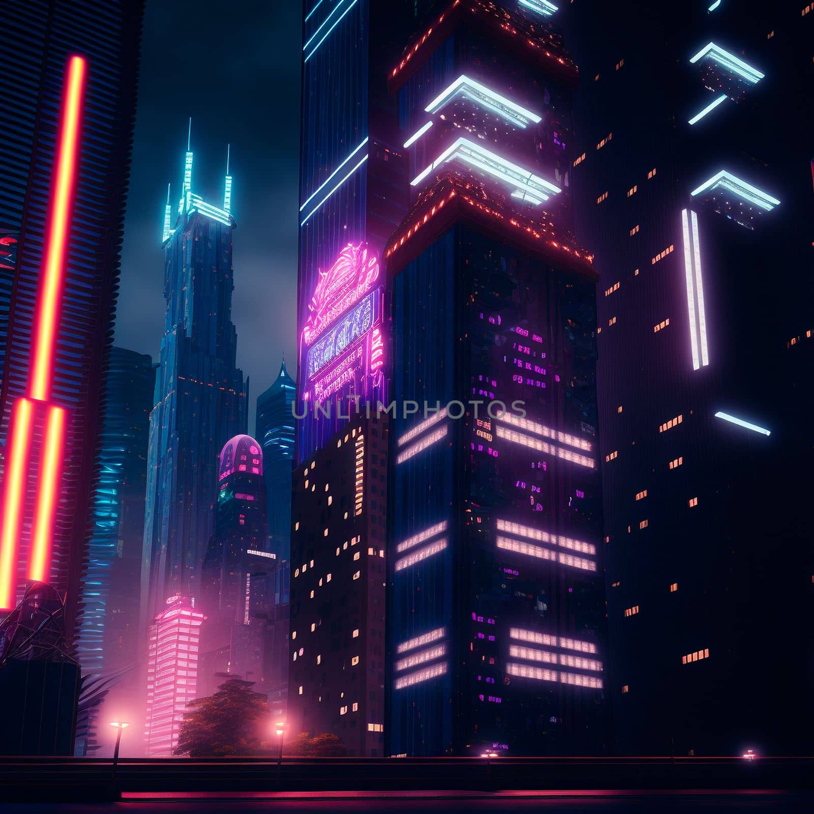 skyscrapers of night neon city, night city life. High quality illustration