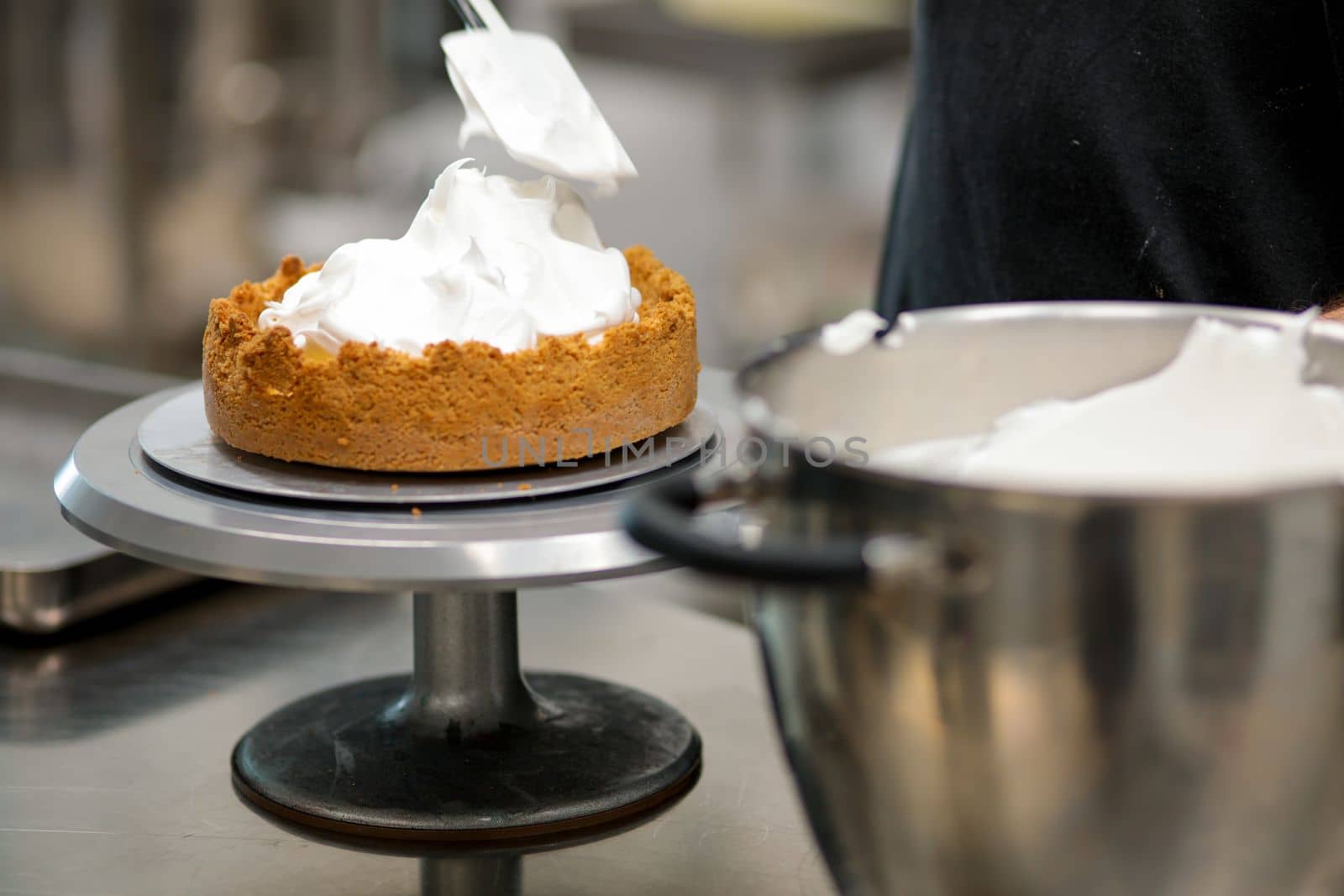 catering chef preparing key lime pie in pro kitchen