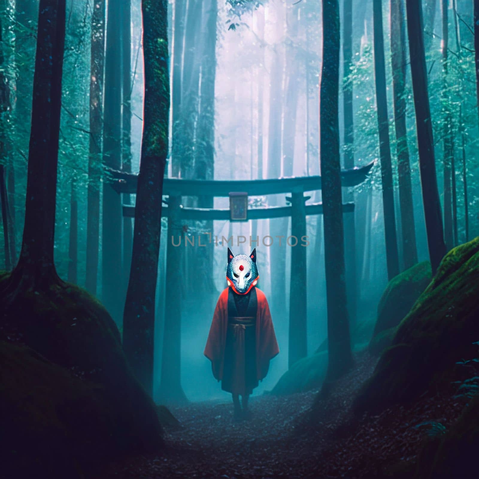 A girl in a fox mask in a foggy forest. High quality illustration