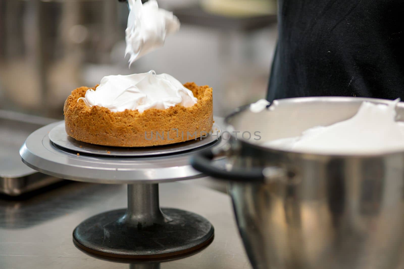 catering chef preparing key lime pie in pro kitchen