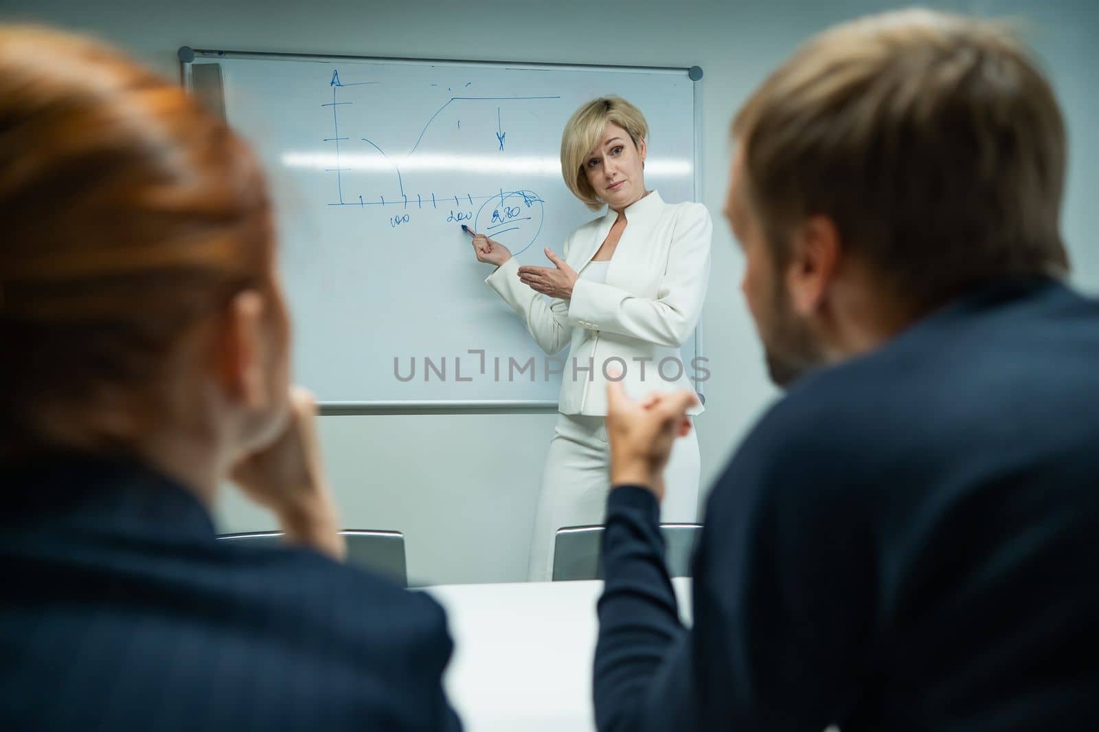 Caucasian woman blonde leads a presentation for colleagues. by mrwed54