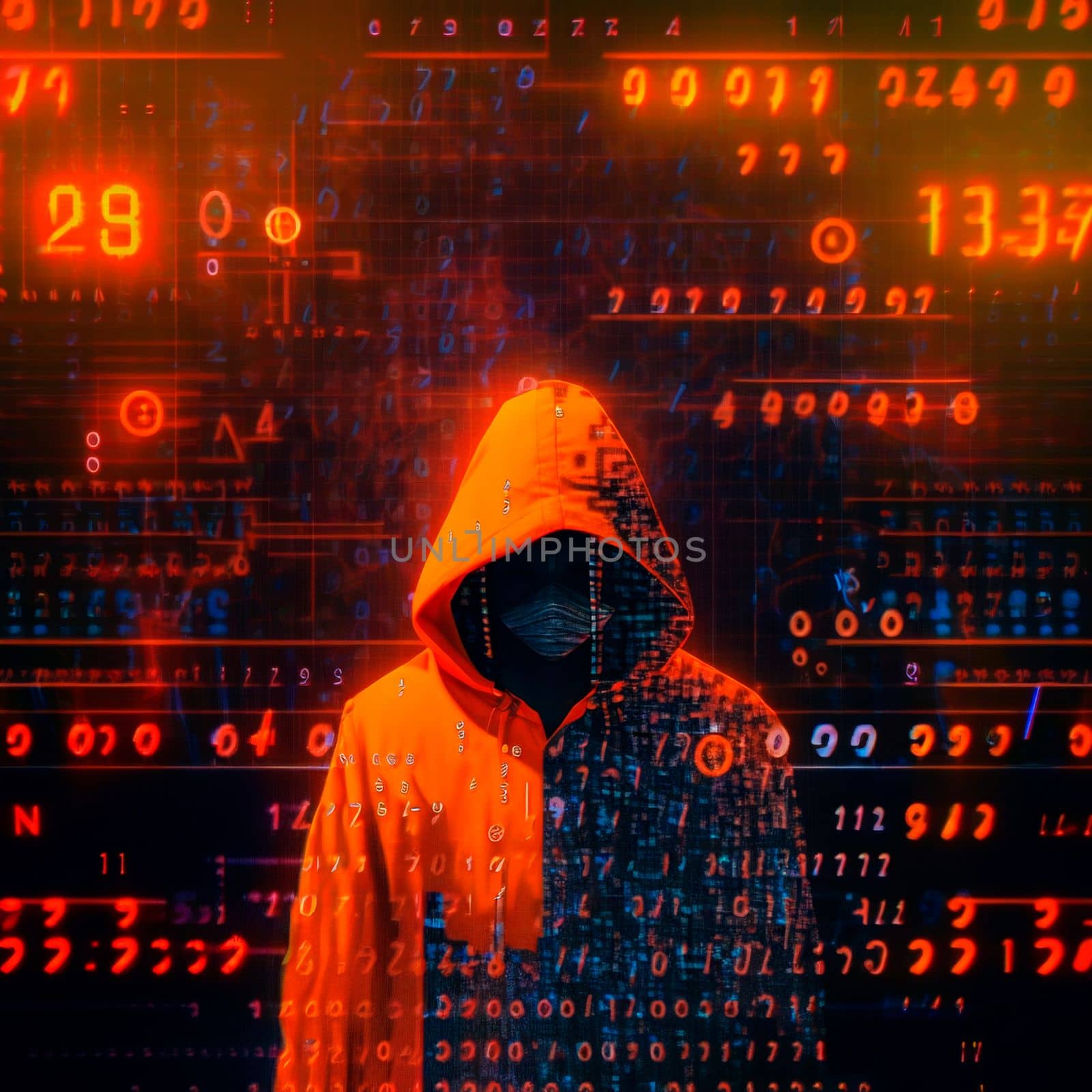 Hacker in an orange hood. Genius of the computer world. Numbers and Matrix by NeuroSky