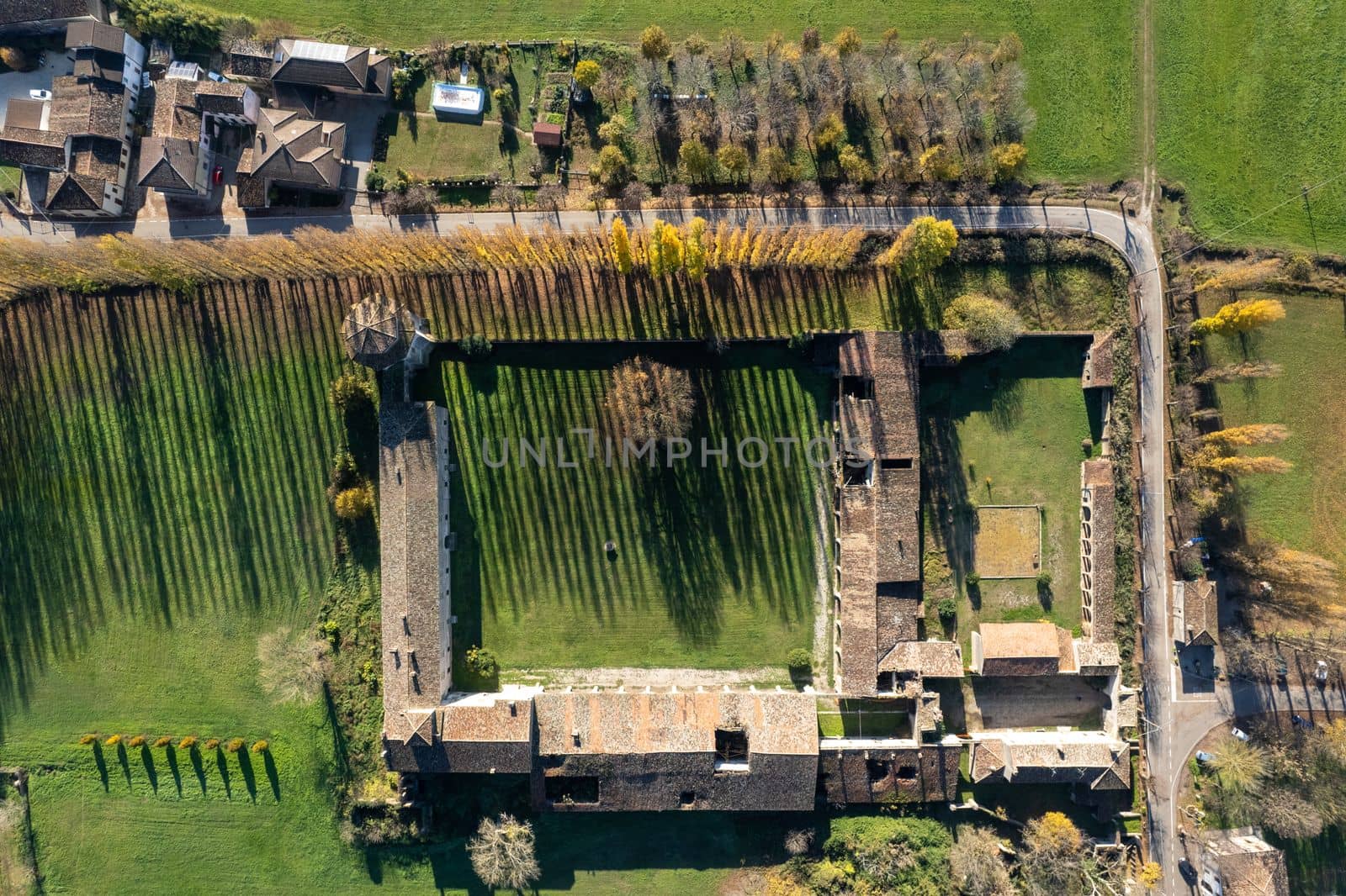Casatico di Marcaria, Mantua, Italy - November 2022 aerial view of Corte Castiglione home of Baldassarre Castiglioni