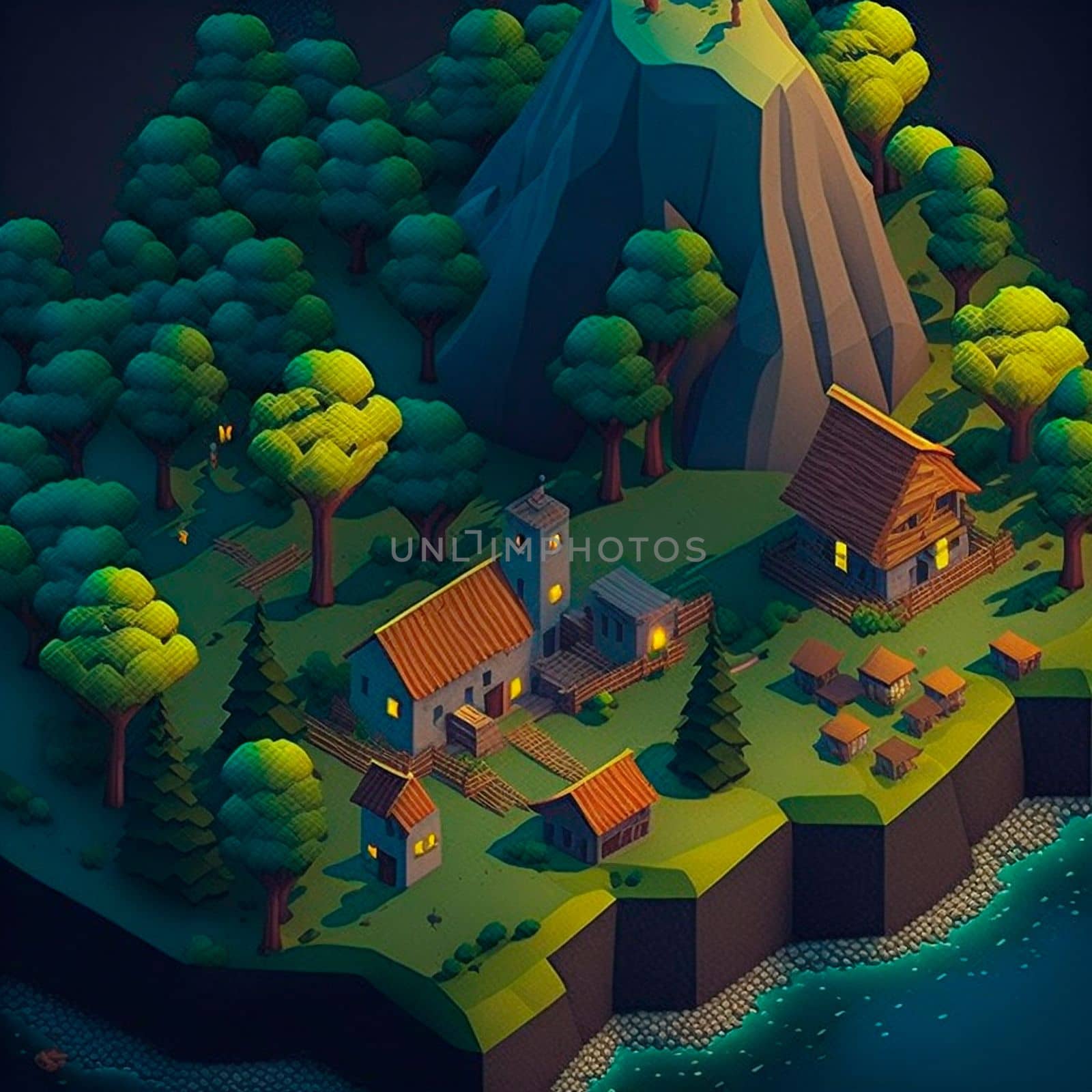 isometric image of the nature of a reservoir and houses in the mountains. High quality illustration