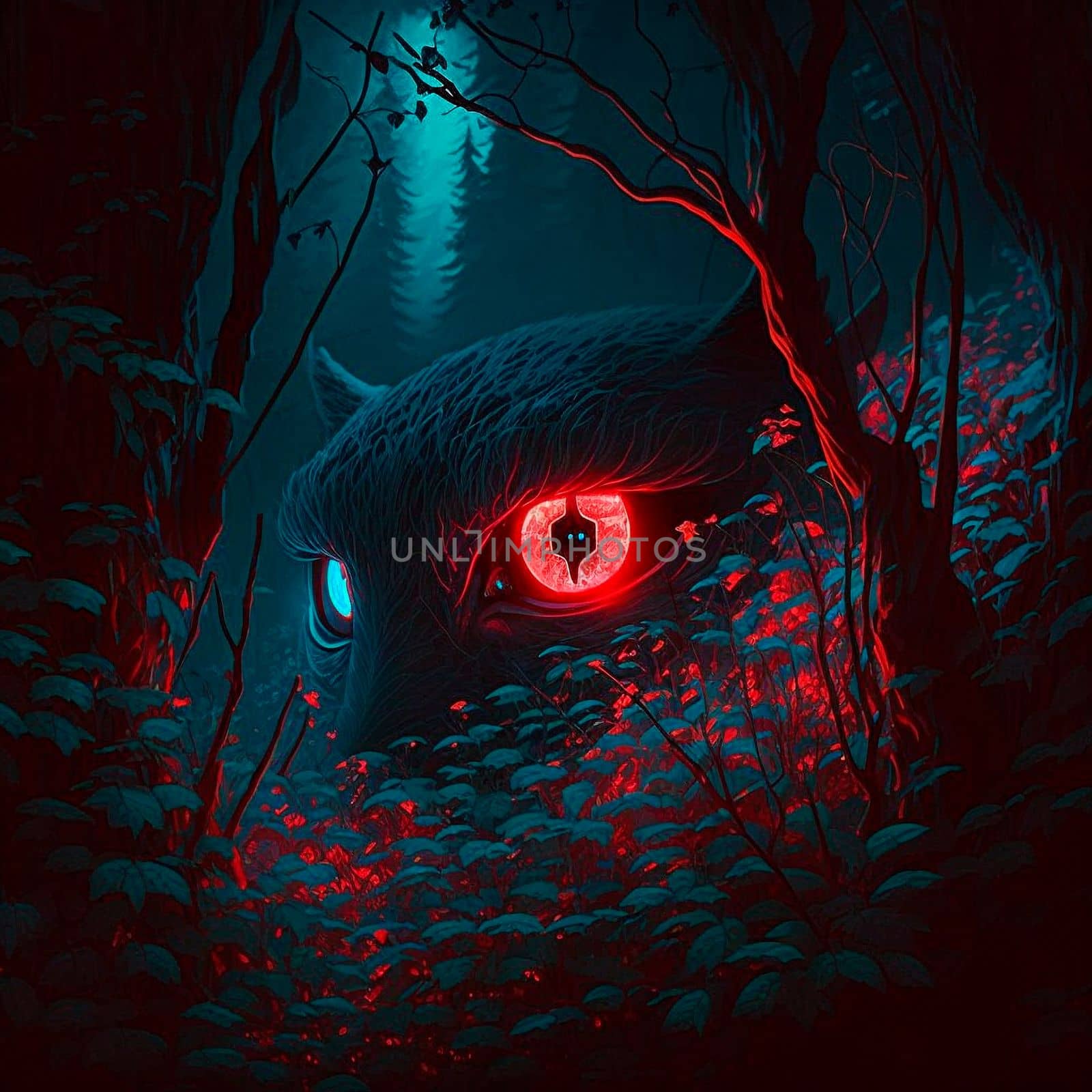 Big red eyes against the background of a gloomy mystical fores. High quality illustration