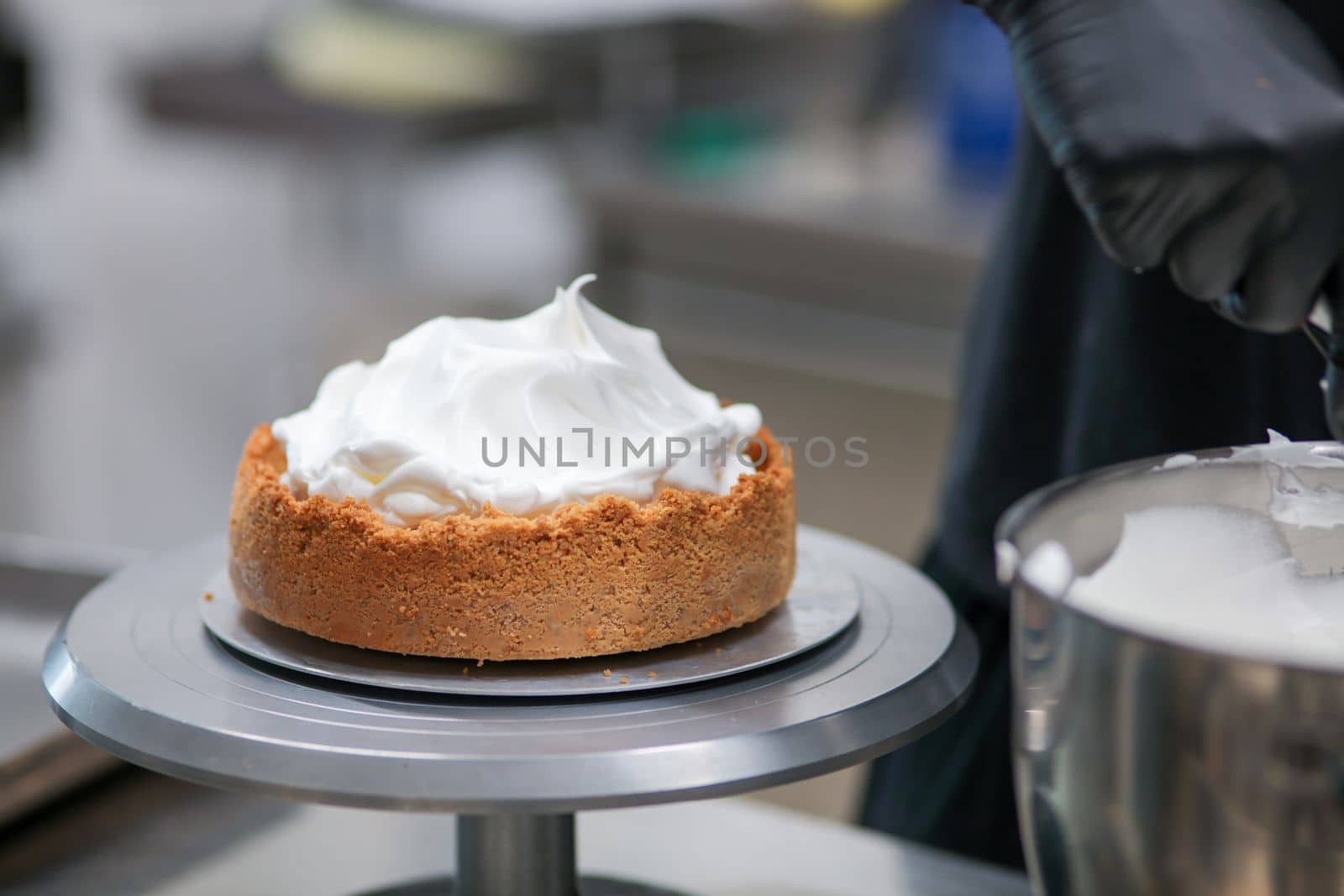 catering chef preparing key lime pie in pro kitchen