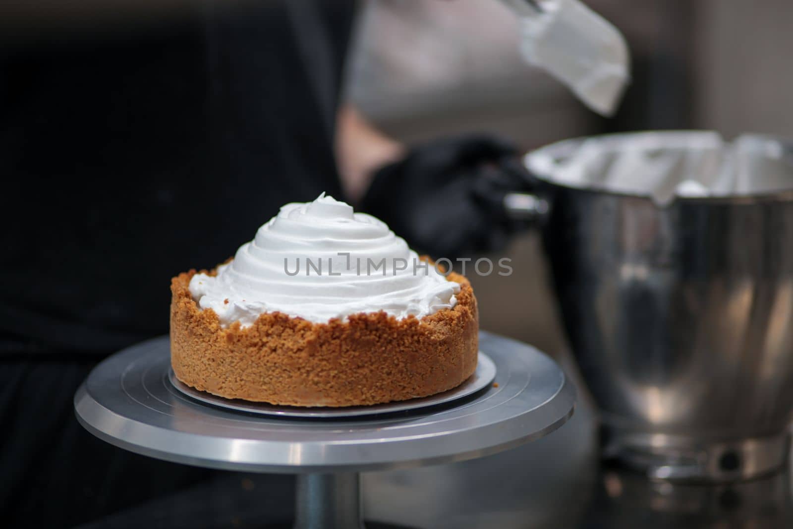 catering chef preparing key lime pie in pro kitchen