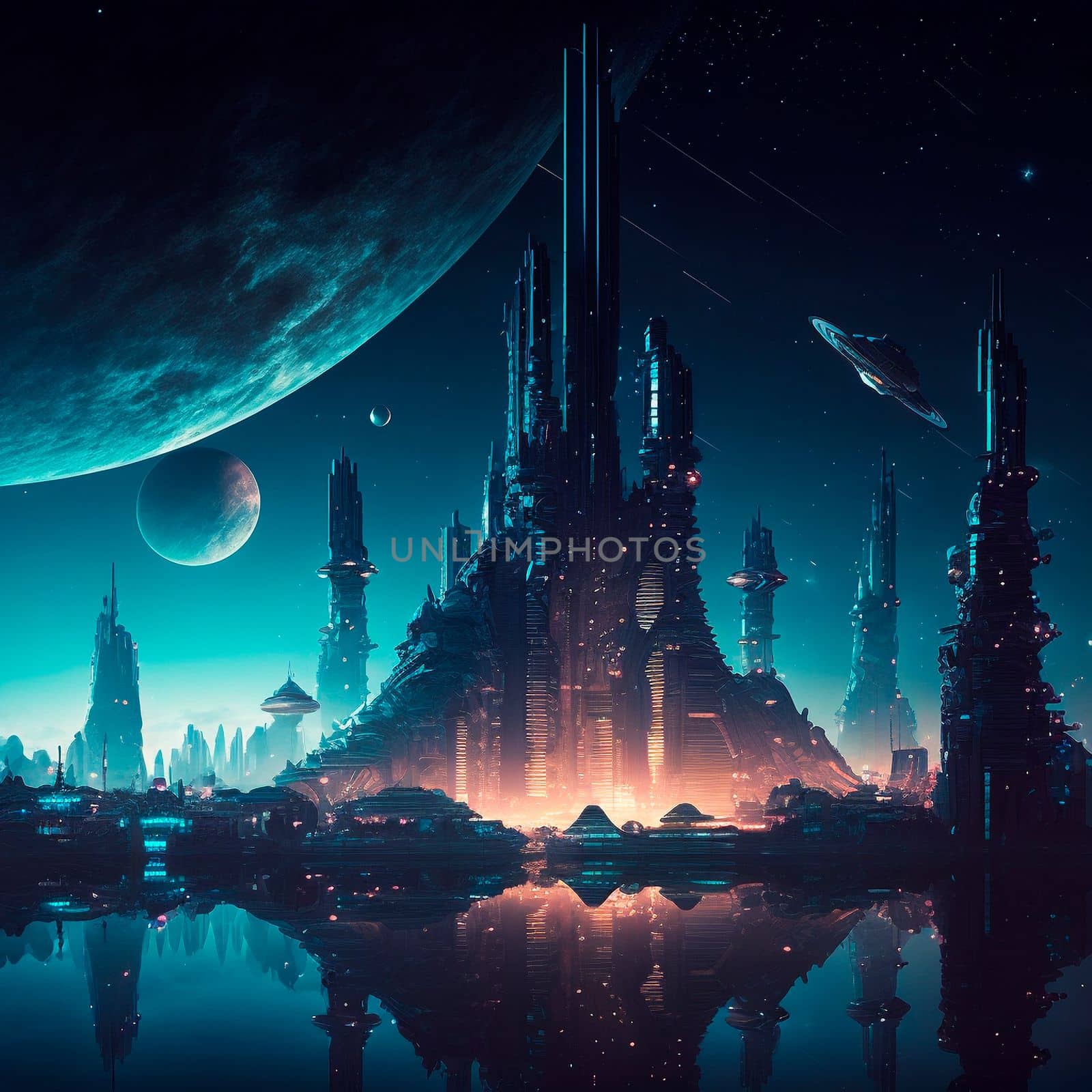 Futuristic city of the future on a distant planet . High quality illustration