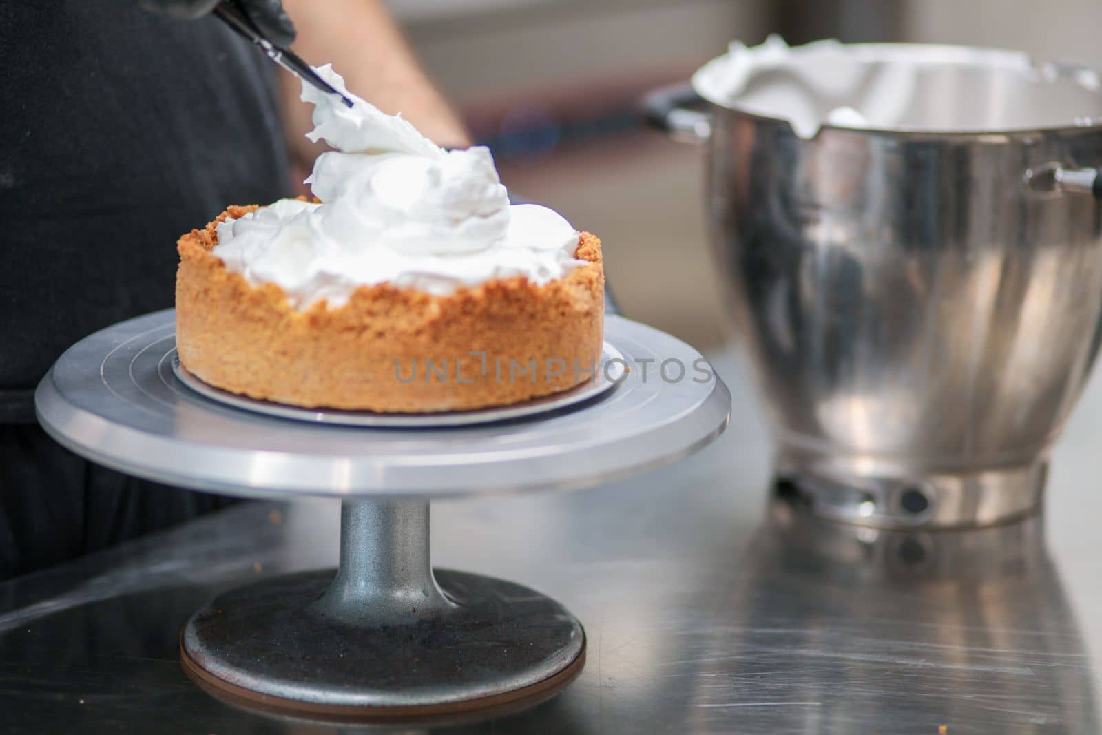 catering chef preparing key lime pie in pro kitchen