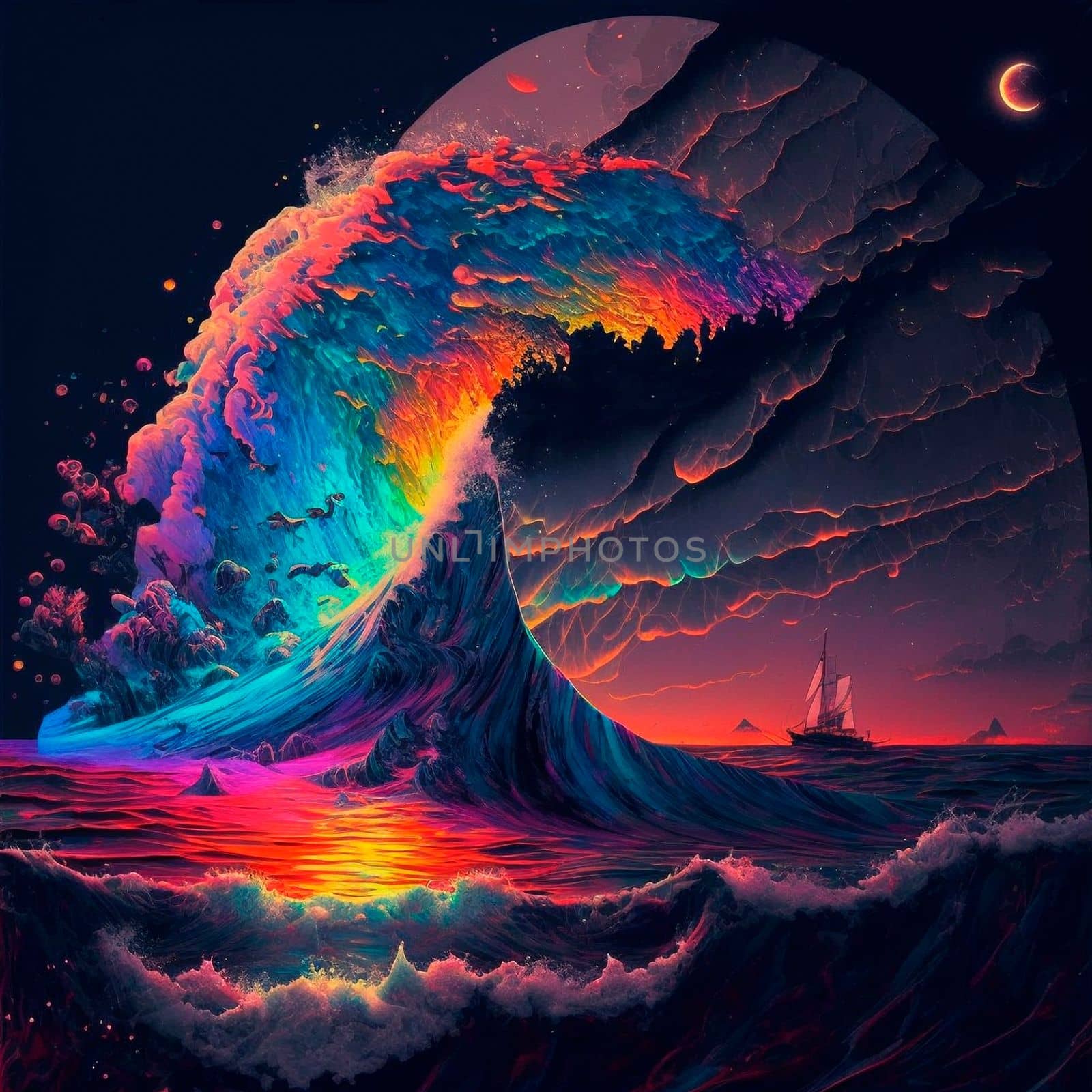 night beach with beautiful iridescent waves of different colors. High quality illustration