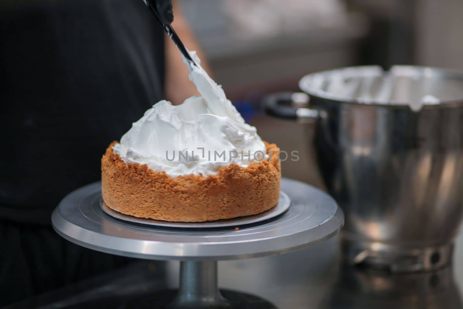 catering chef preparing key lime pie in pro kitchen