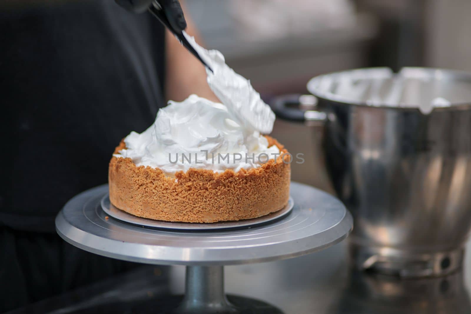 catering chef preparing key lime pie in pro kitchen